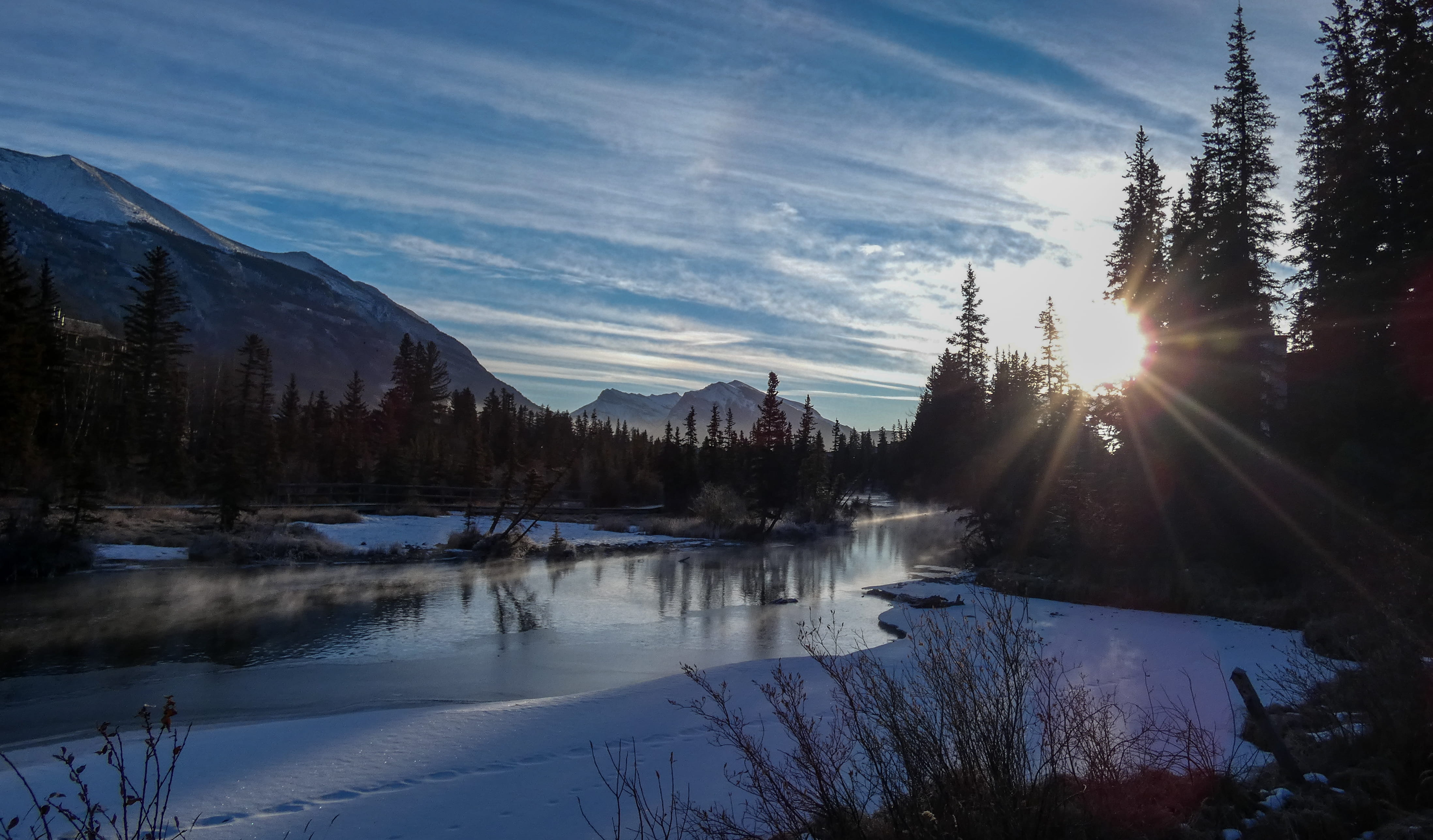 outdoors, spruce, lens flare, no people, reflection, sunlight, scenics - nature, fir, light, abies, cloud - sky, lake, snow, beauty in nature, land, 4K, HD Wallpaper
