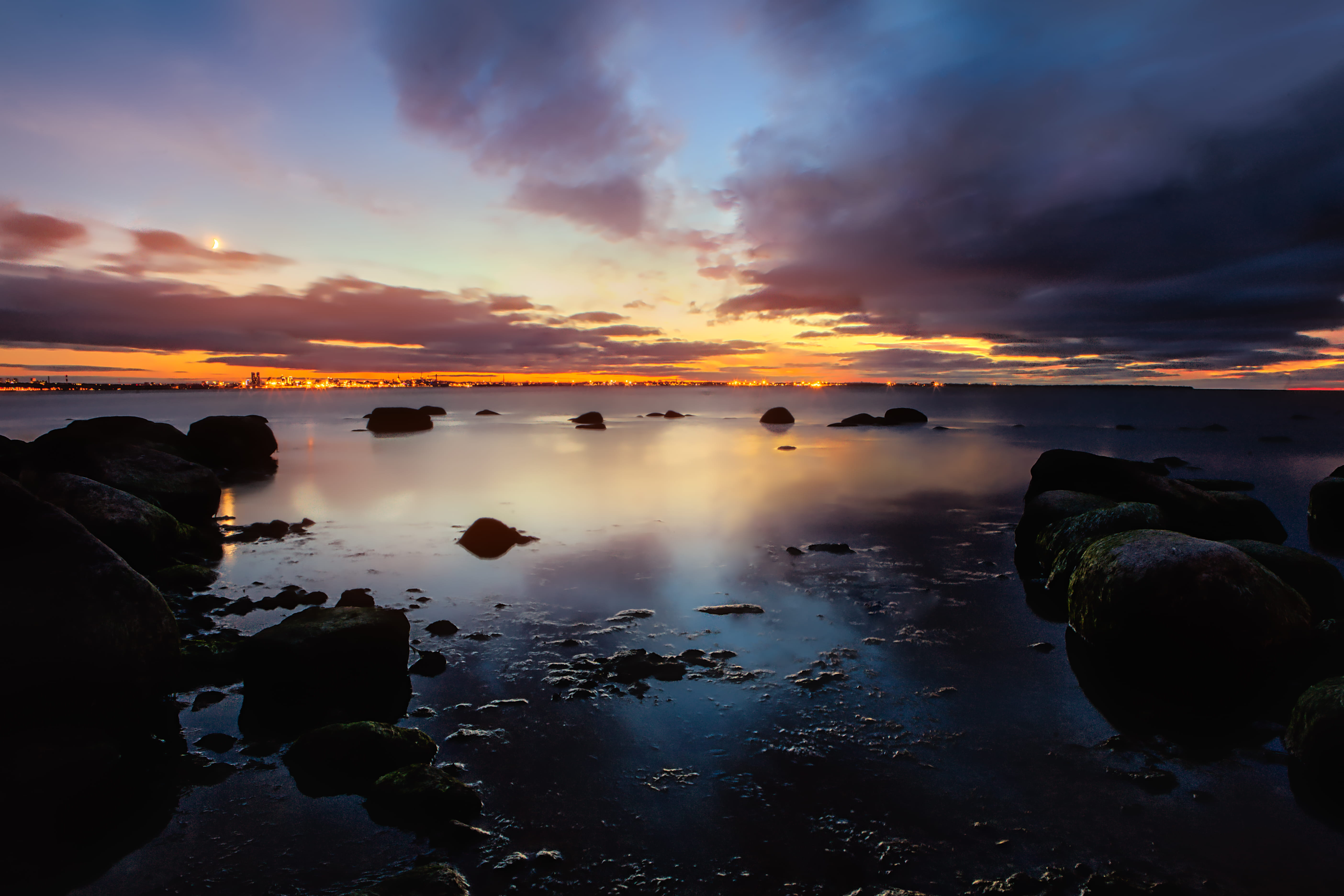 outdoor, nature, orange color, cloud - sky, sky, idyllic, reflection, beauty in nature, bay, town, seaside, 5K, city, near, rocks, beach, sunet, stones, HD Wallpaper