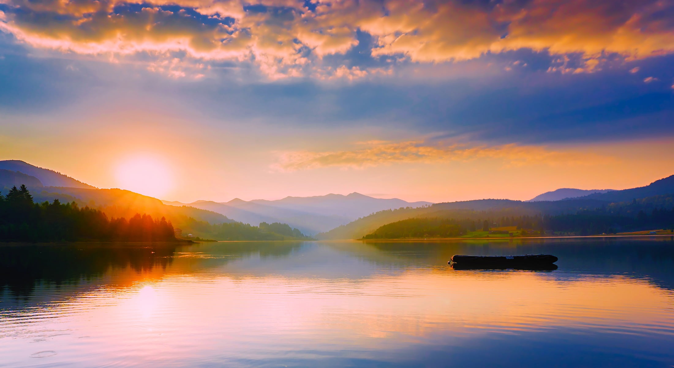 hdr, mountain, sunset, forest, beautiful, reflections, dusk, outdoors, orange color, 1080P, transportation, beauty in nature, trees, mountain range, sunrise, HD Wallpaper