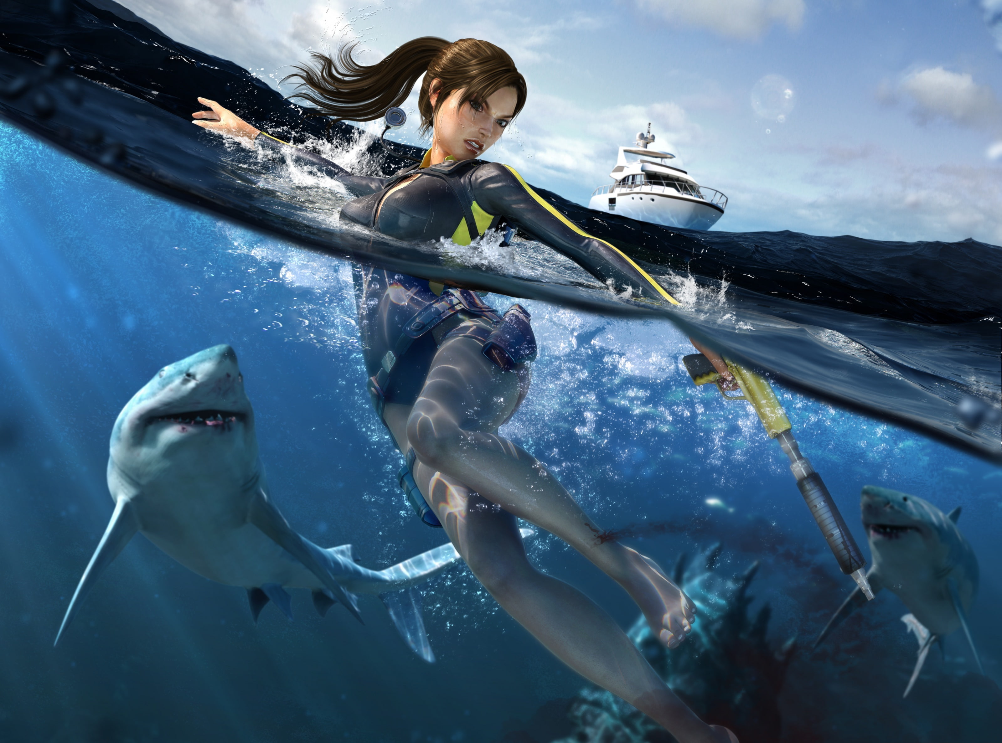 outdoors, illustration, Tomb Raider, 2K, mediterranean sea, woman, tomb, sea life, Games, croft, sport, undersea, holding, leisure activity, sea, spear, HD Wallpaper