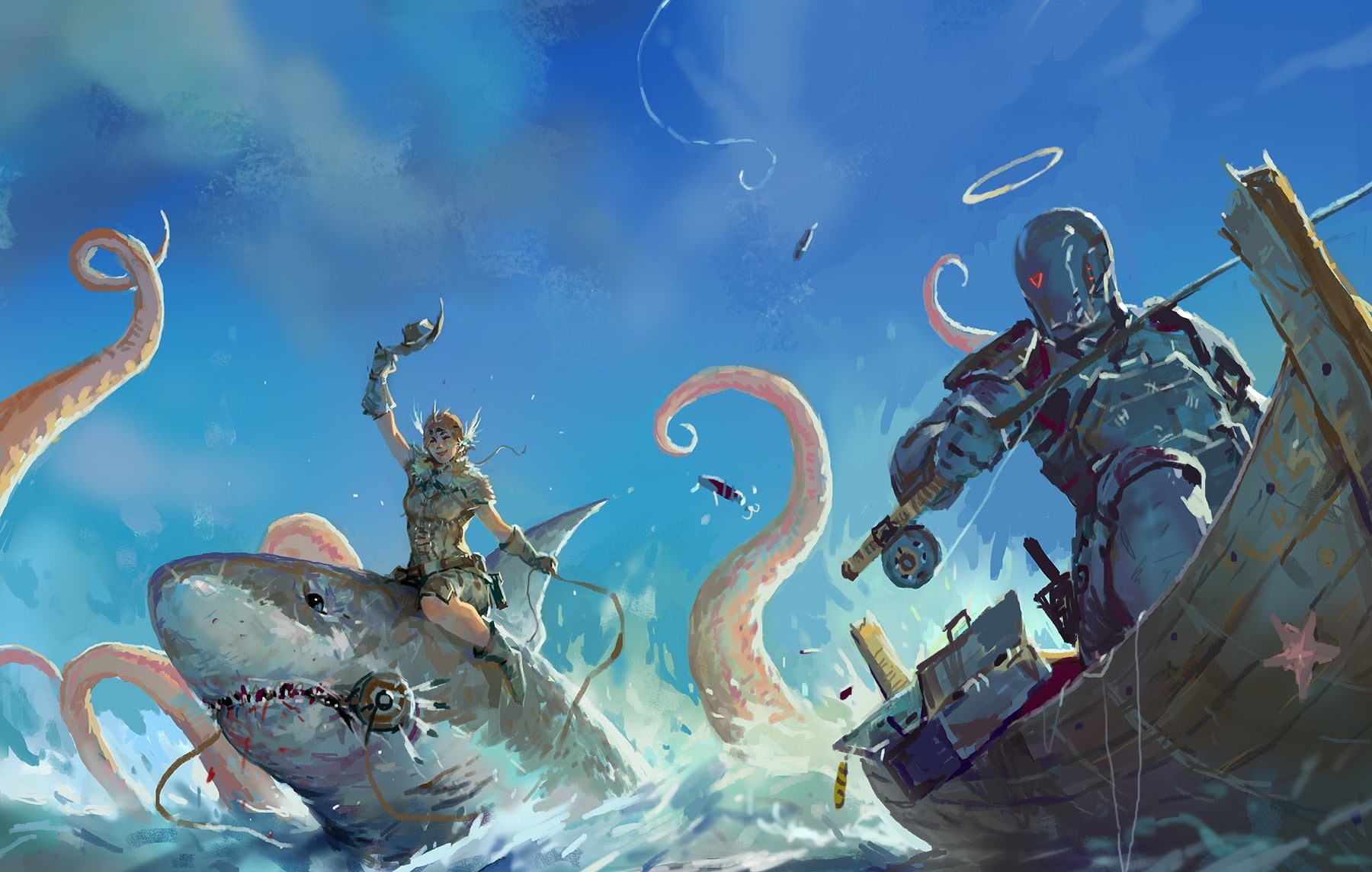 painting, art, dolphin, riding, fantasy, 720P, fantasy art, shark, ocean, boat, warriors, woman, HD Wallpaper