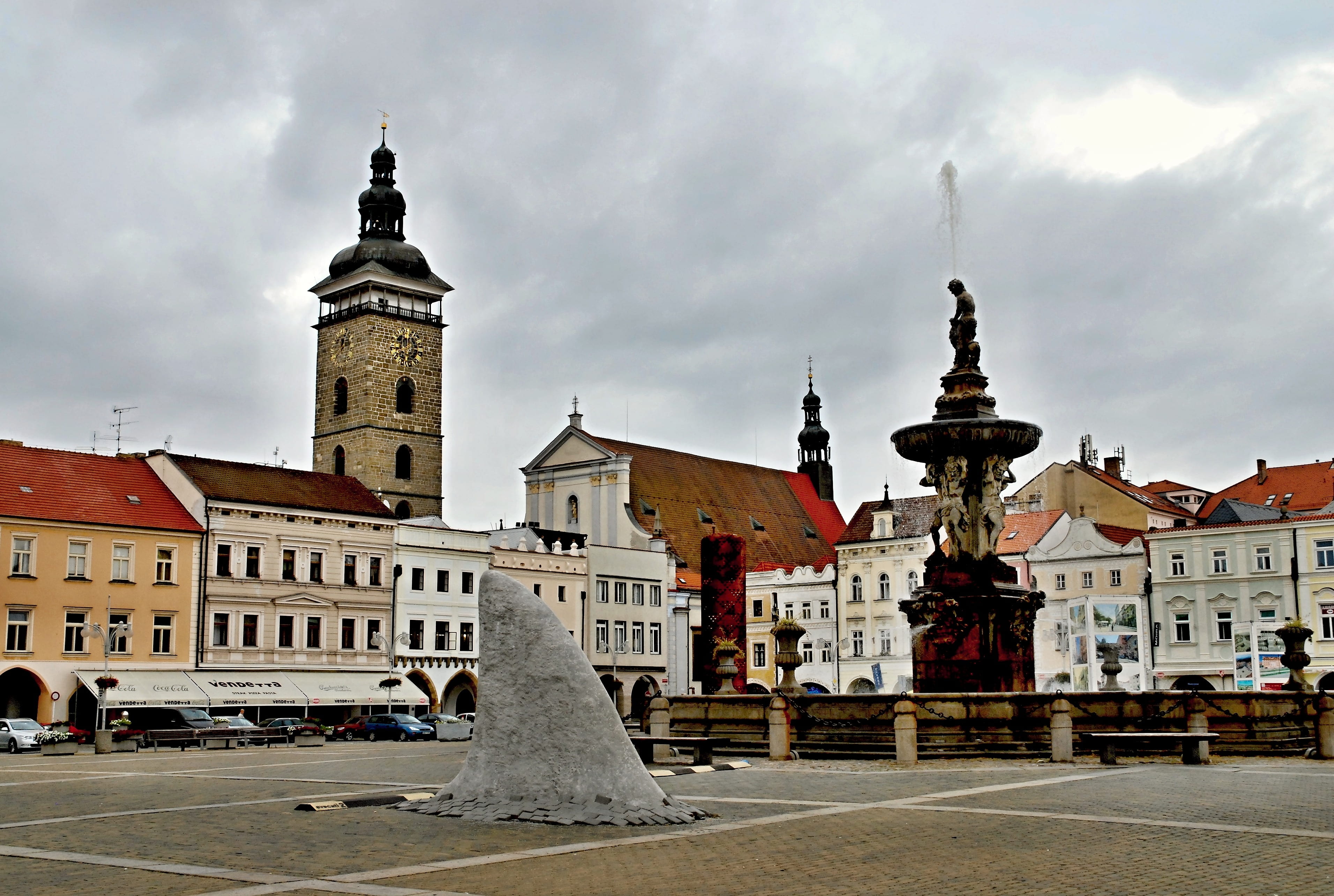 the past, recession, city, incidental people, travel destinations, cloud - sky, history, square, black tower, building, belief, fountain, clock, place of worship, HD Wallpaper