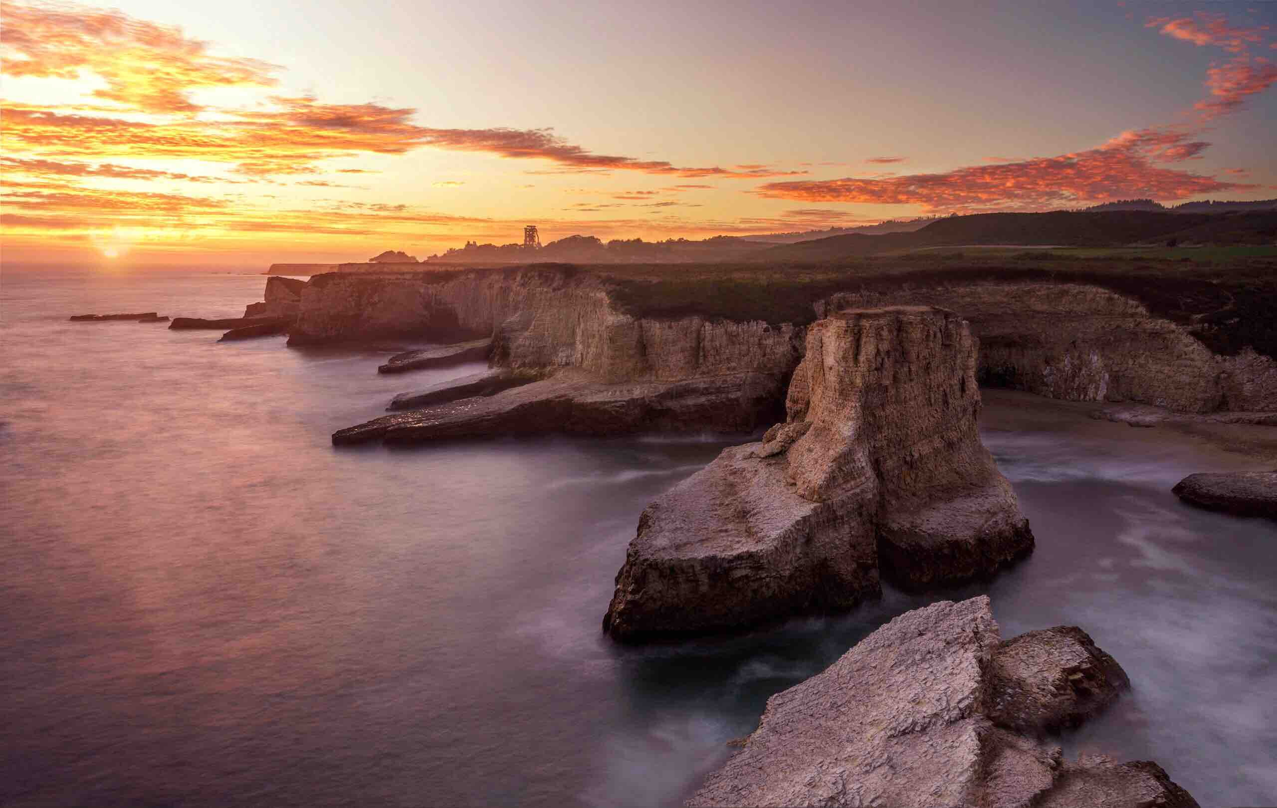 sunset, united states, sea, 2K, coast, cloud - sky, eroded, rocks, scenics - nature, purple, rock - object, shark fin cove, land, nature, water, solid, HD Wallpaper