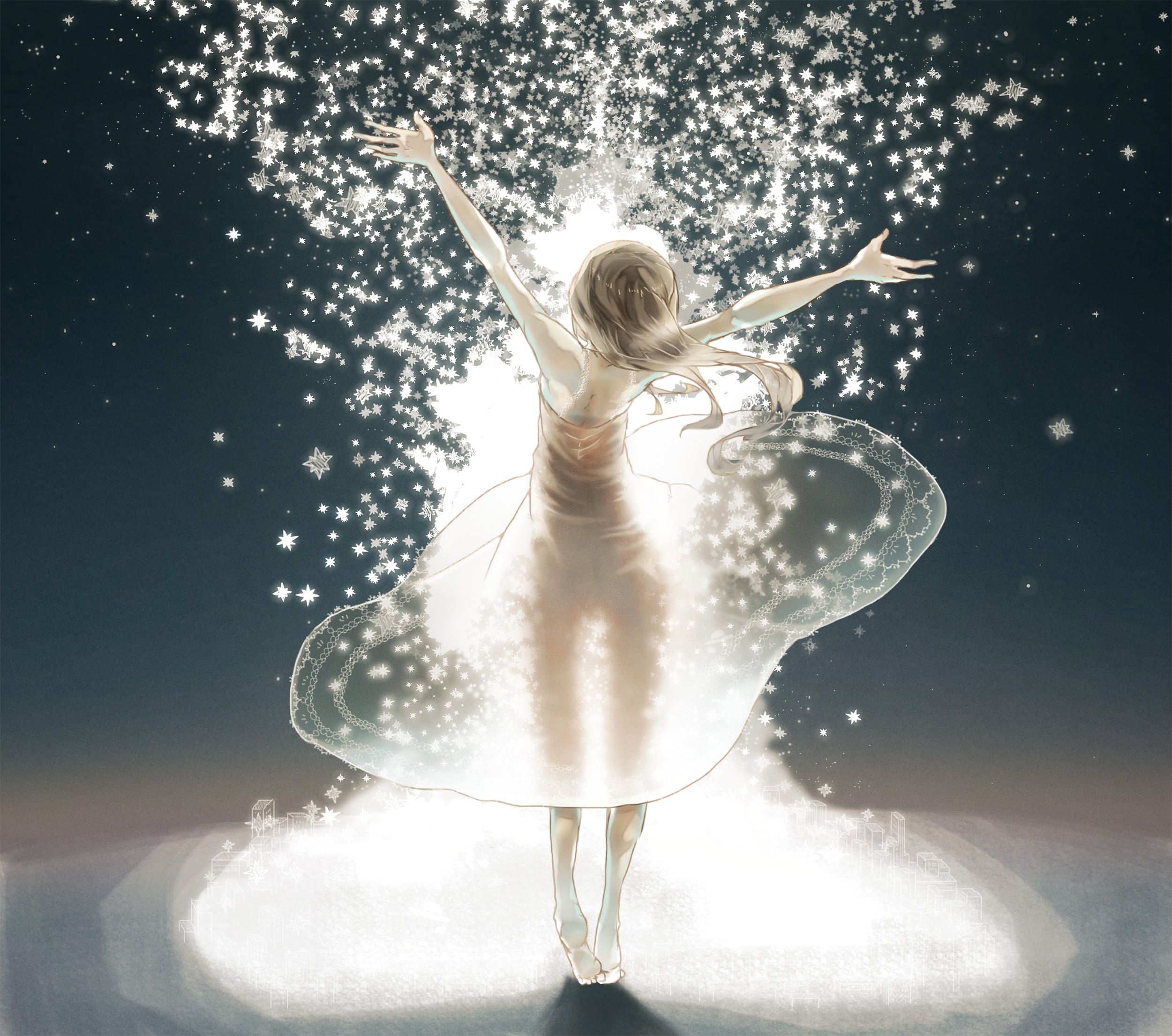 blonde, full length, blond hair, females, one person, lifestyles, 1080P, digital composite, arms raised, standing, human arm, bubble, nature, stars, anime, HD Wallpaper
