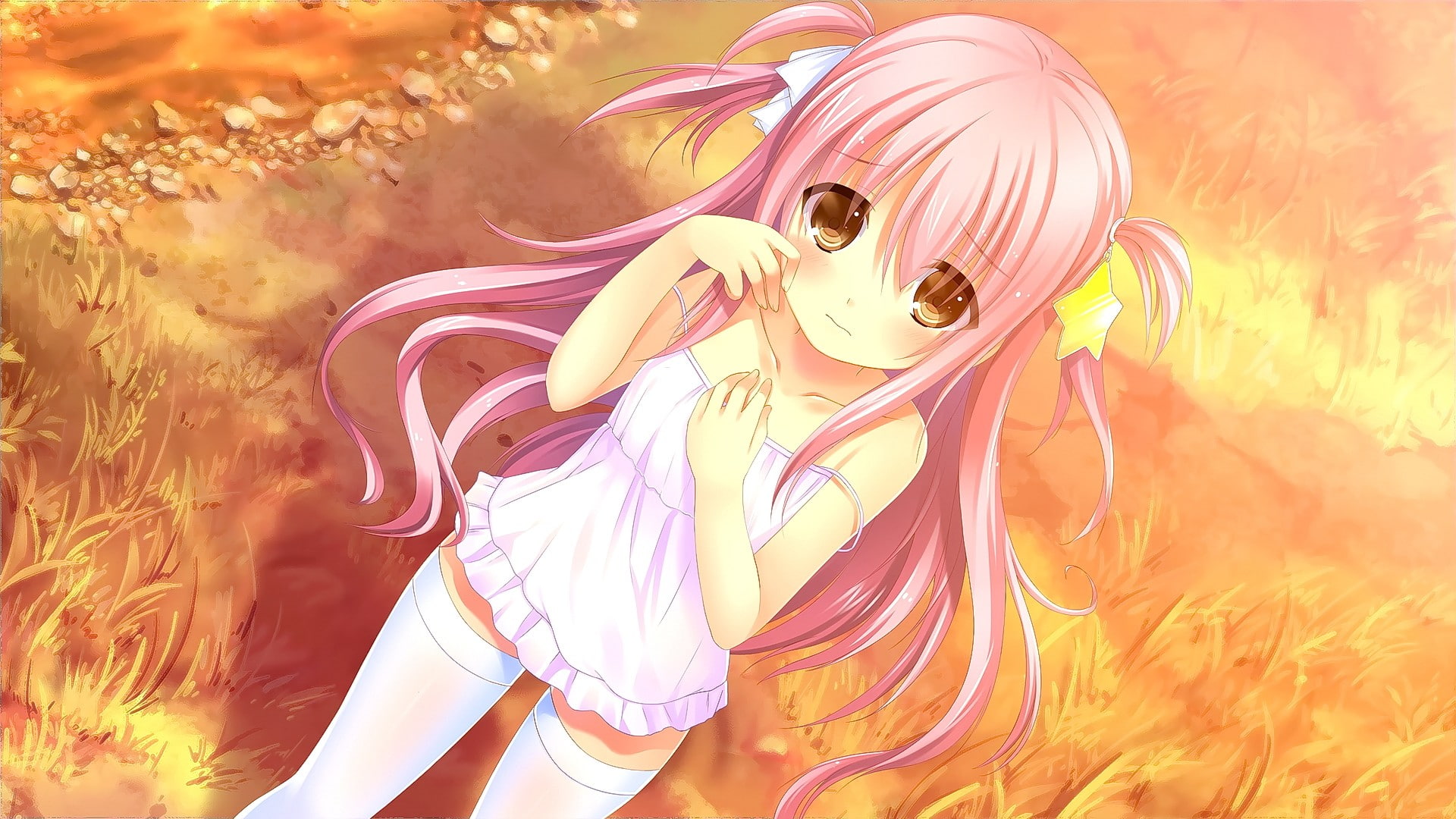 pink hair, Aihara Yuzu, Otonari Koi Sensou, anime girls, 1080P, visual novel, thigh-highs, anime, sad, HD Wallpaper