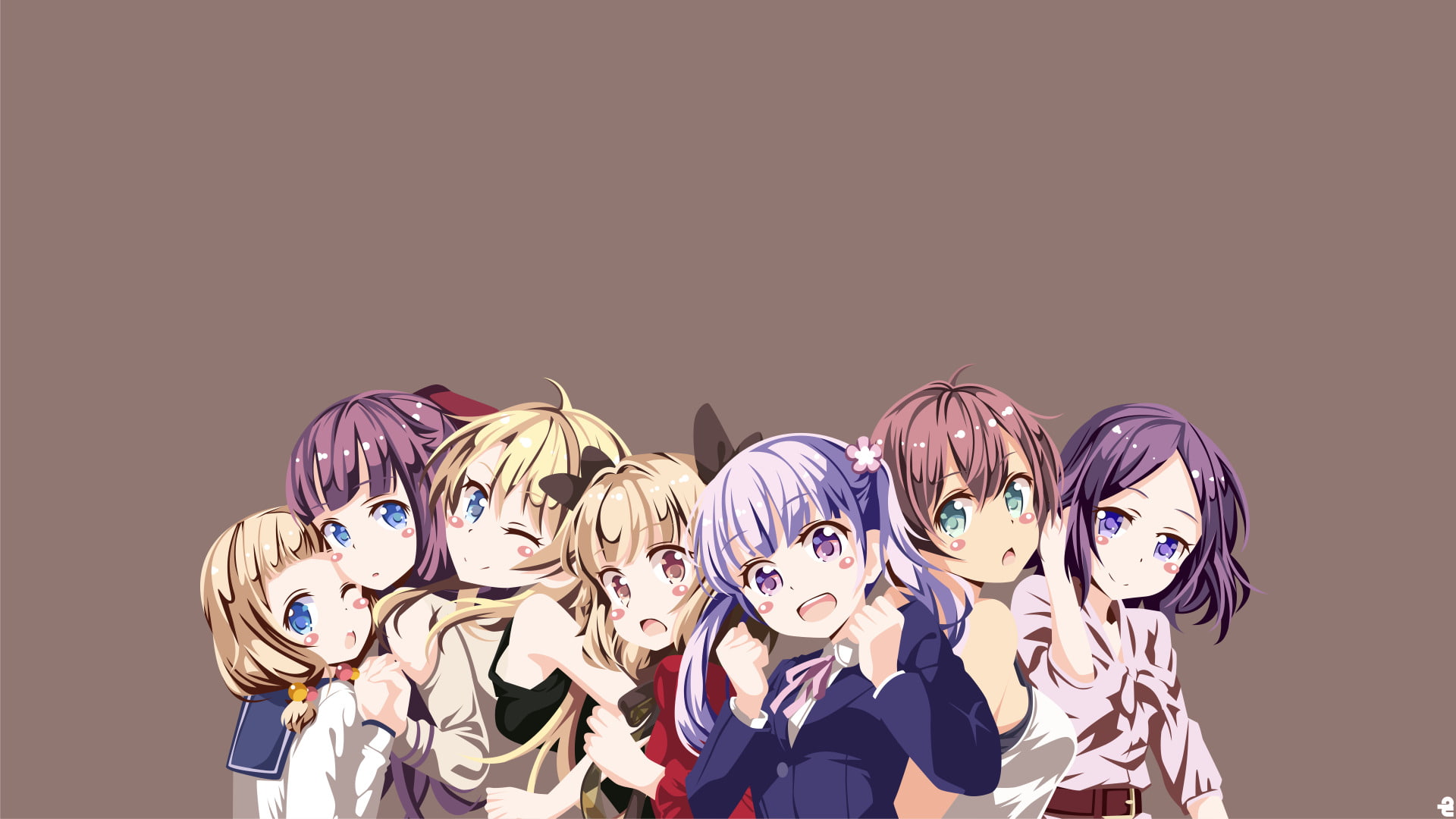 indoors, Girl, Blush, small group of people, Minimalist, female likeness, Hifumi Takimoto, New Game!, Rin Tooyama, colored background, portrait, fun, clothing, HD Wallpaper