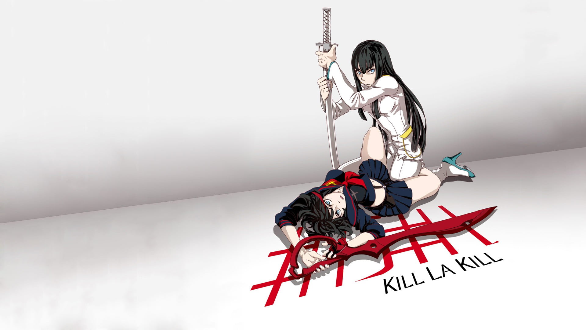 hairstyle, anime girls, studio shot, typography, young adult, 1080P, copy space, sword, one person, Kill la Kill, anime, mini dress, dress, text, Matoi Ryuuko, HD Wallpaper