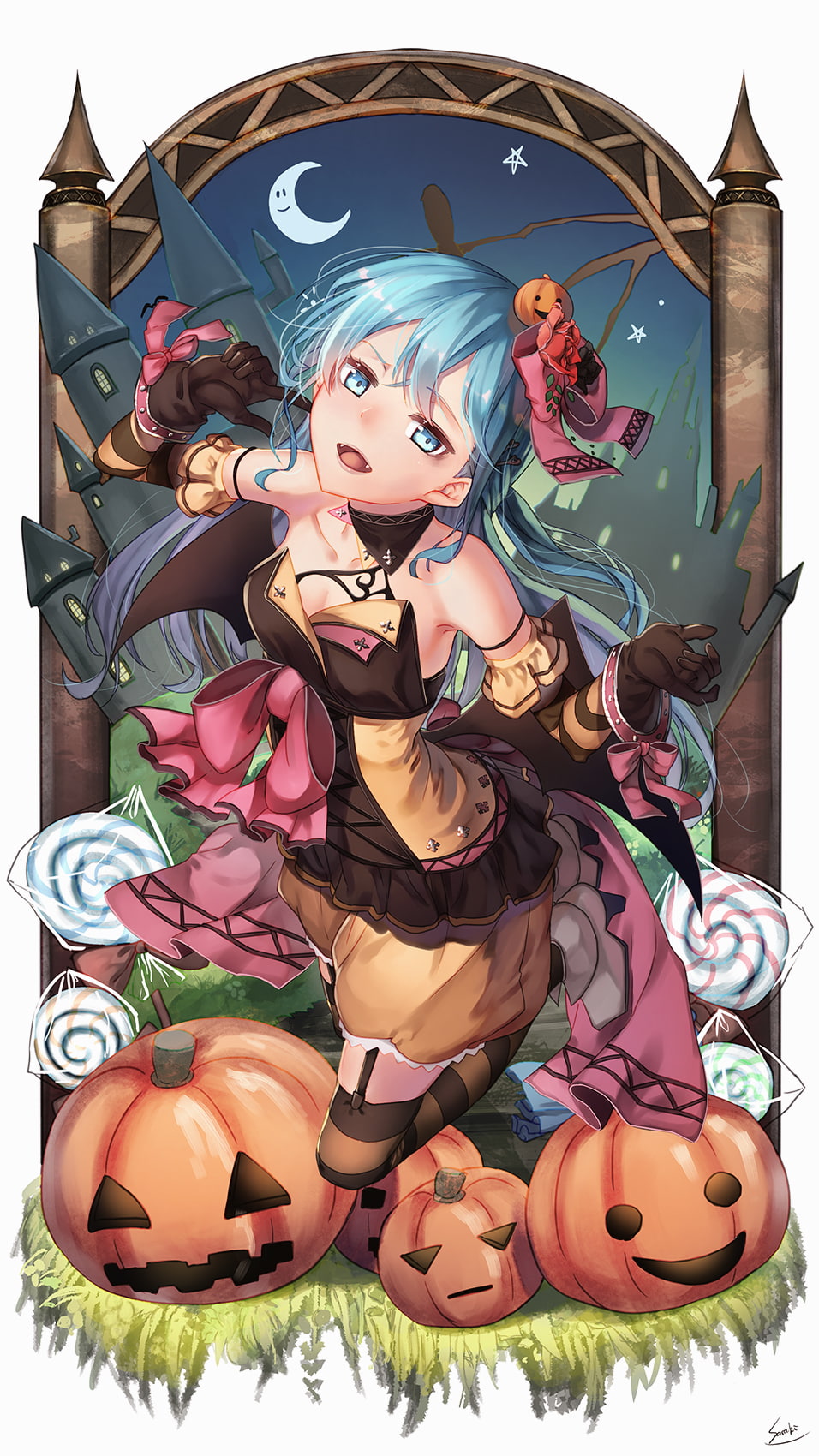 candies, simple background, aqua hair, 720P, long hair, Halloween, white  background, fangs, aqua eyes, Phone HD Wallpaper