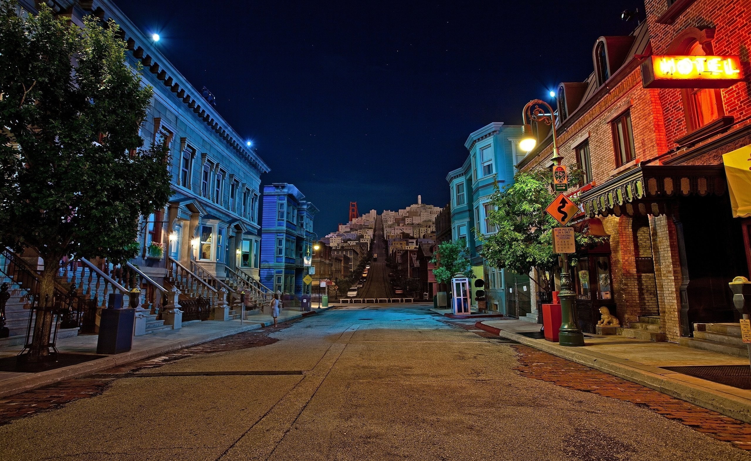 building exterior, sky, nature, lighting equipment, illuminated, Neighborhood, night, 2K, houses, pathway, architecture, road, long, residential district, HD Wallpaper