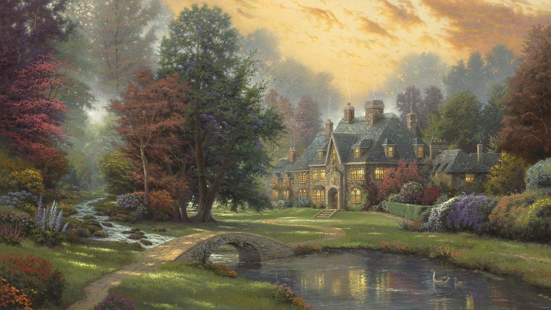 nature, kinkade, x, artwork, houses, trees, art, architecture, rivers, thomas, 1080P, hd, bridges, paintings, HD Wallpaper