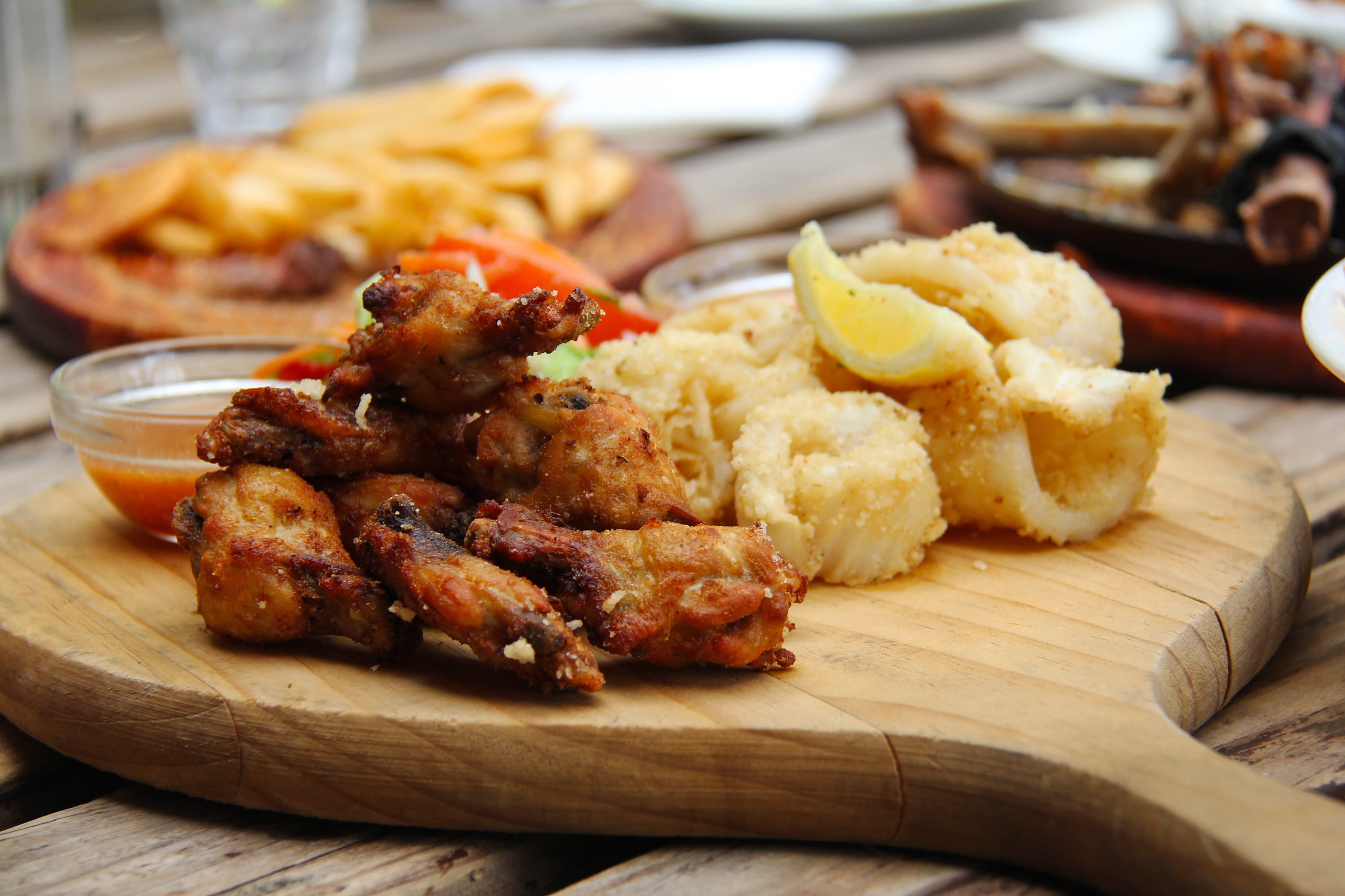 potato, dinner, gourmet, cutting board, fried chicken, delicious, unhealthy eating, sotong, prepared potato, photography, table, new zealand, snack, spice, HD Wallpaper