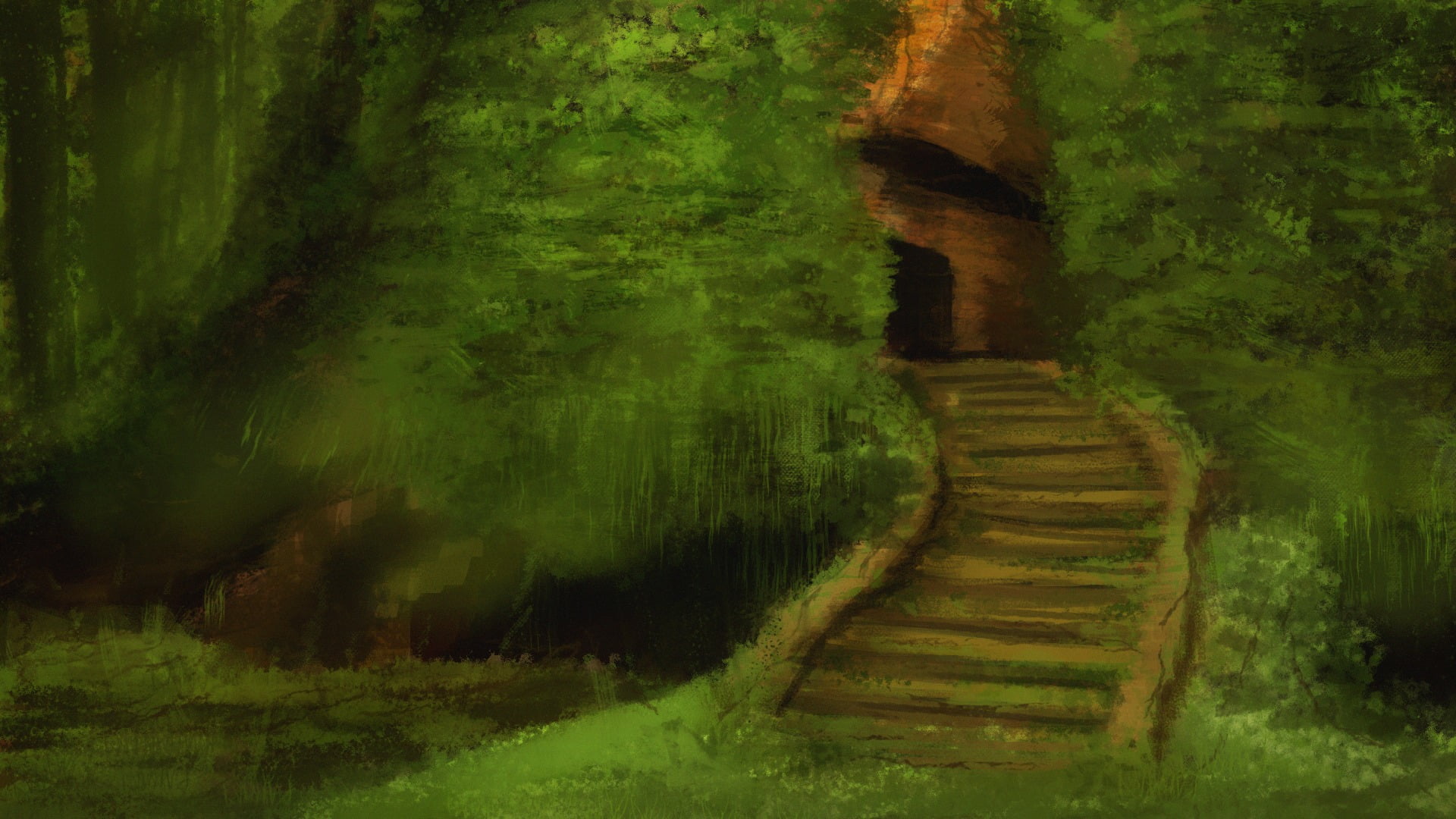 green color, 1080P, forest, brown, the way forward, scenics - nature, painting, tree, path, nature, wood, tranquil scene, house, spooky, concrete, tree house, HD Wallpaper