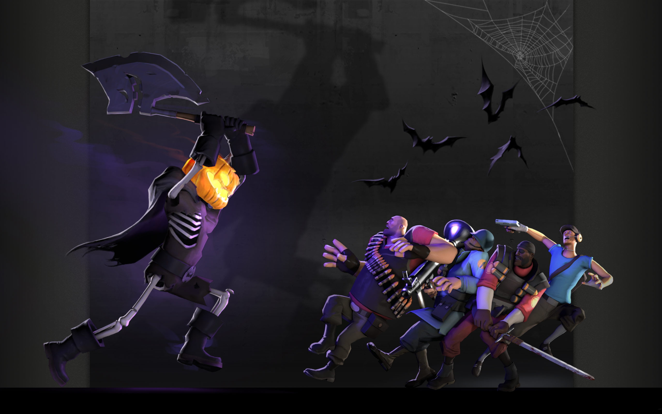 halloween, heavy, bats, soldier, scout, lantern, webs, demoman, fortress, jack, spider, team, 2K, tf2, HD Wallpaper