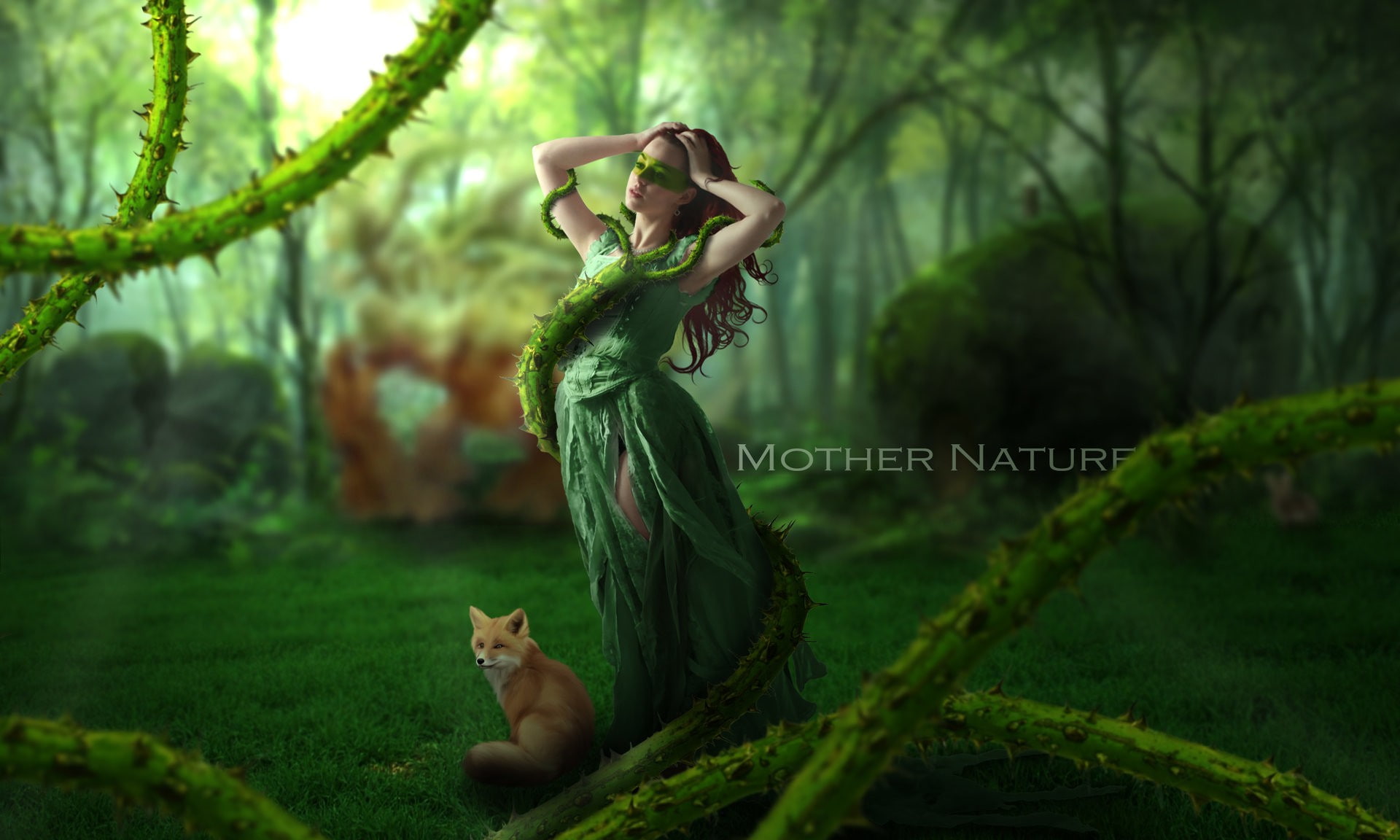 women, forest, fox, fantasy, 1080P, mother nature, nature, green, mother, HD Wallpaper