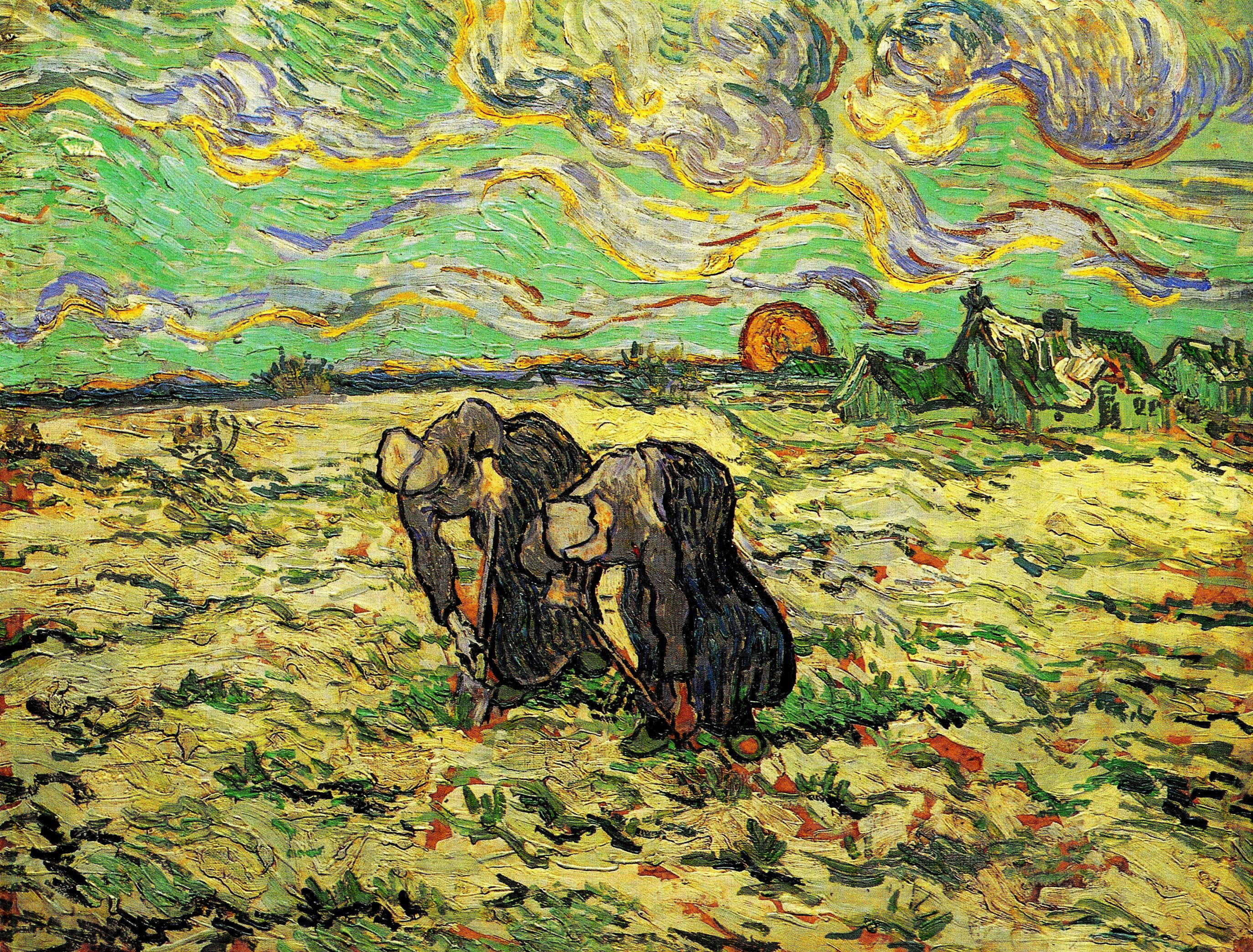 2K, clouds, Women Digging in, Field with Snow, women working in the garden, Vincent van Gogh, Two Peasant, the sun, HD Wallpaper