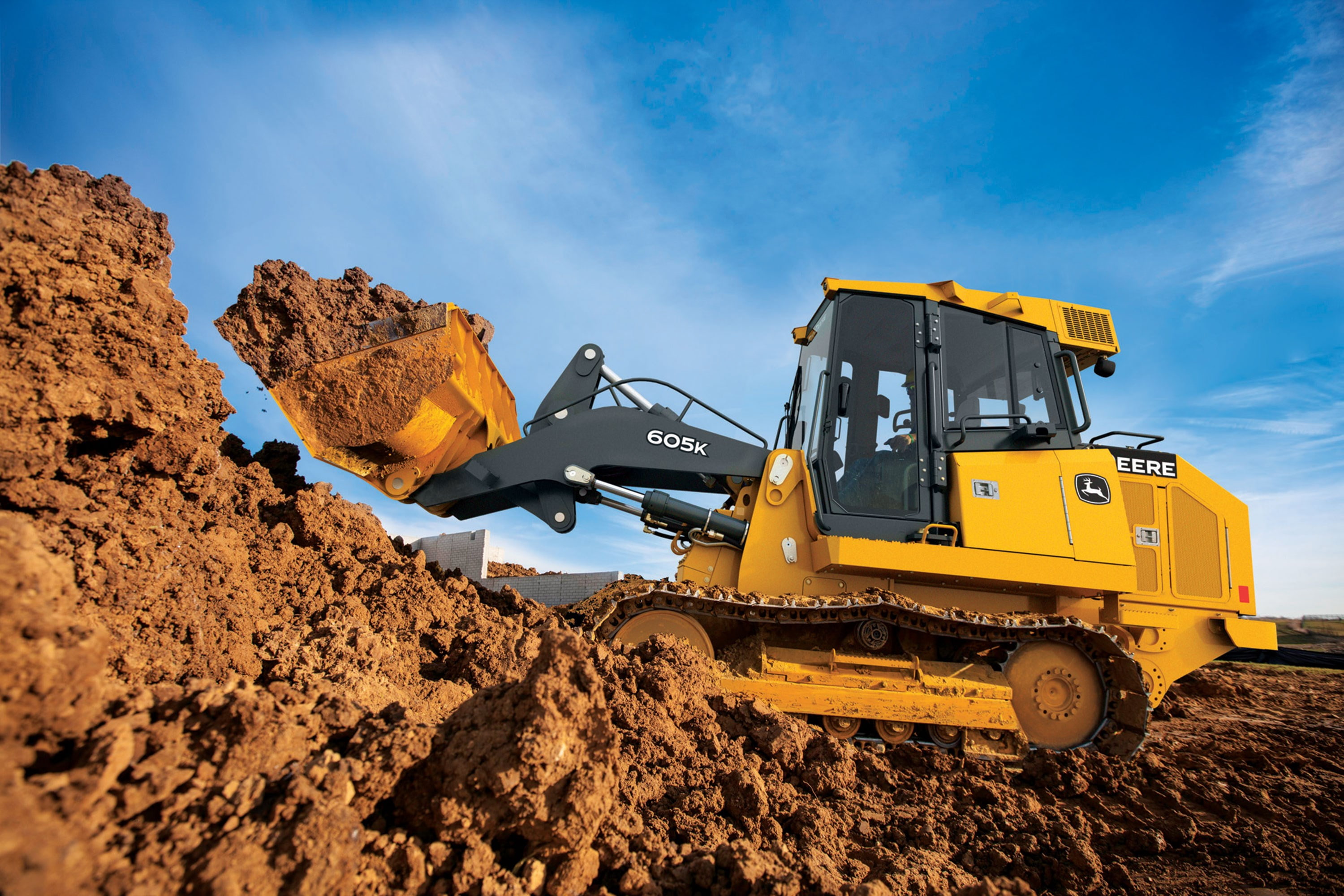 bulldozer, 2K, land vehicle, construction equipment, digging, quarry, dirt, machinery, wheel, construction industry, john deere 605k crawler loader, yellow, HD Wallpaper