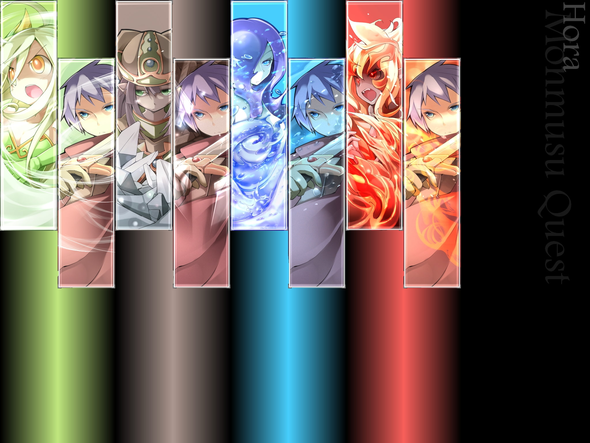 sword, salamander, 1080P, quest, gray, blue, original, long, hair, game, monmusu, eyes, fire, bubbles, green, red, armor, short, sylph, weapon, gnome, HD Wallpaper