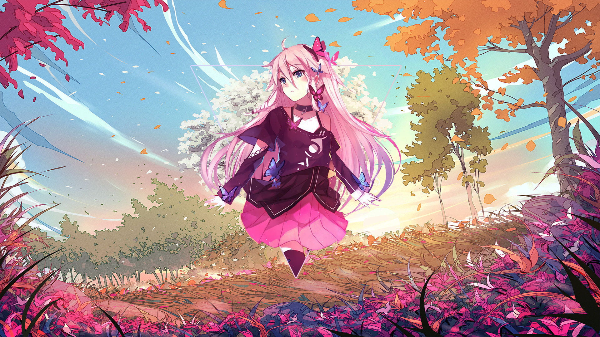 landscape, picture-in-picture, triangle, 1080P, anime, digital art, forest, plants, abstract, Photoshop, anime girls, rose, metalanguage, HD Wallpaper