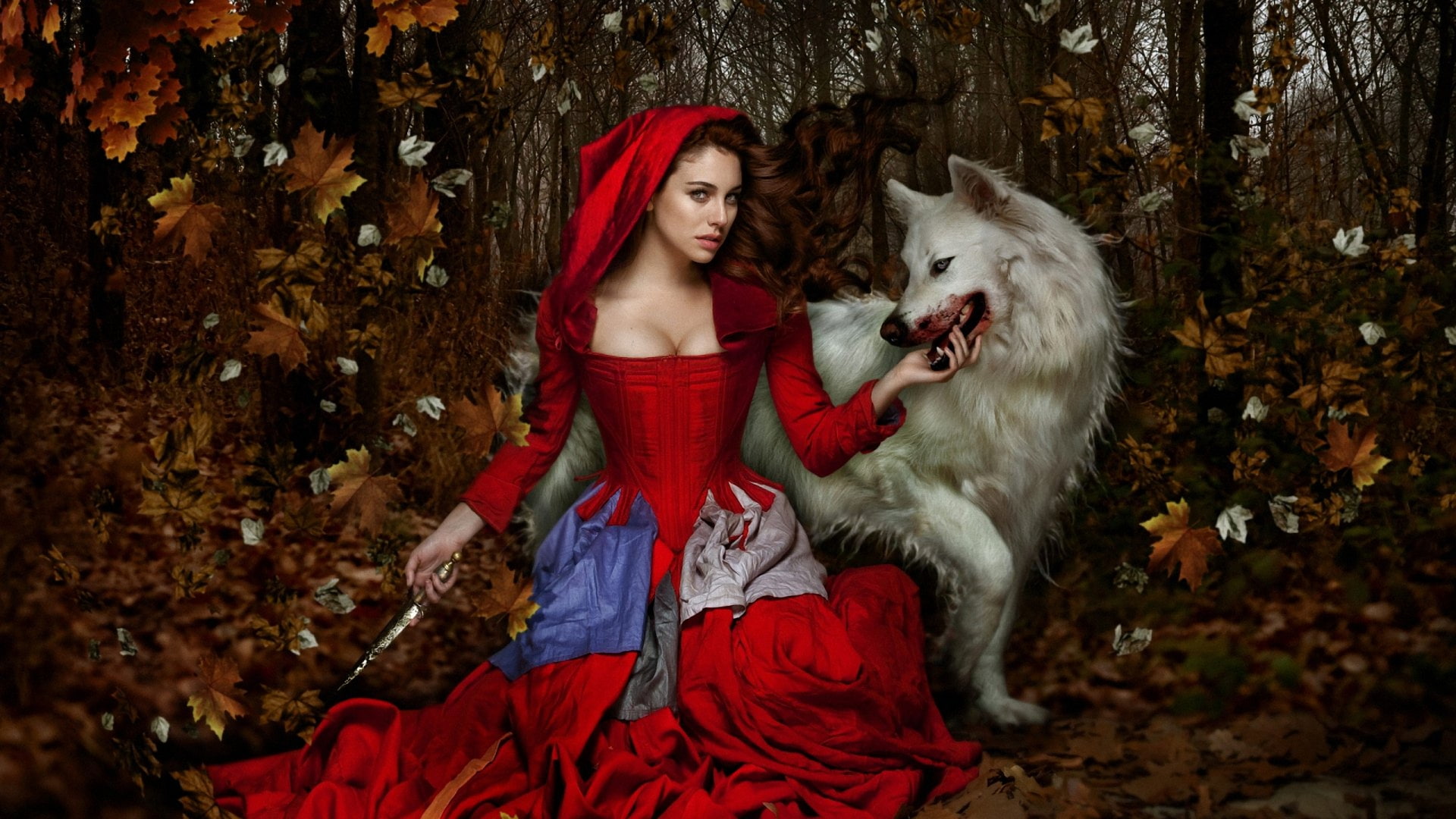 Forest, 1080P, Knife, Girl, Fantasy, Wolf, Woman, Fall, Red Riding Hood, HD Wallpaper