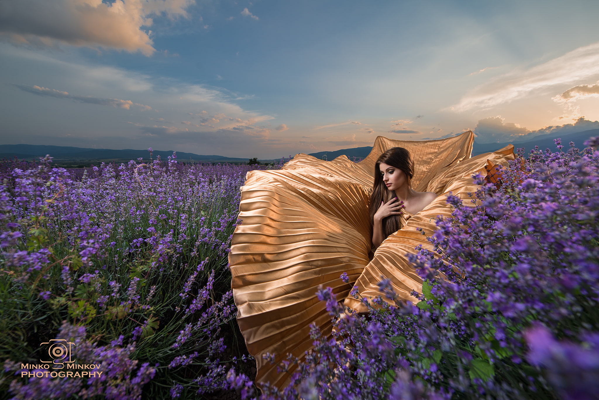 Minko Minkov, 1080P, clouds, flowers, women, gold dress, looking away, HD Wallpaper