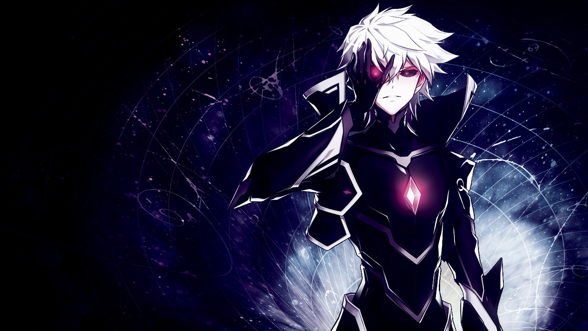 armor, white hair, mystery, 1080P, nature, one person, technology, illuminated, purple, representation, arts culture and entertainment, human representation, HD Wallpaper