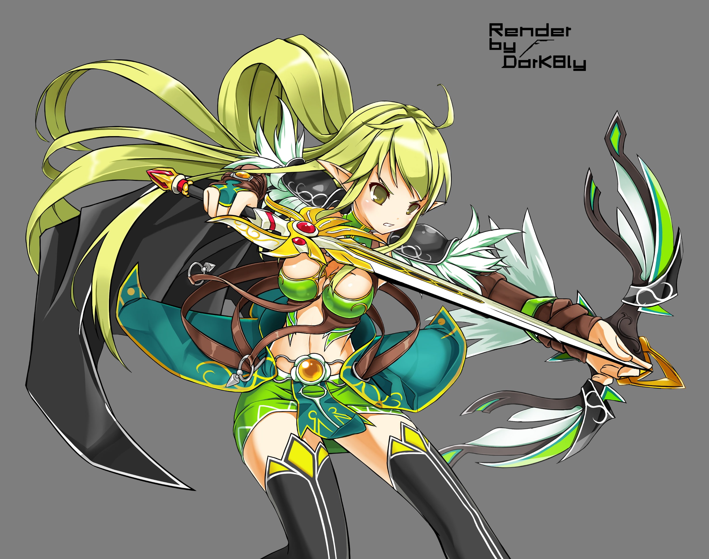 eyes, elf, elsword, vector, rena, sword, hair, weapon, green, 1080P, HD Wallpaper
