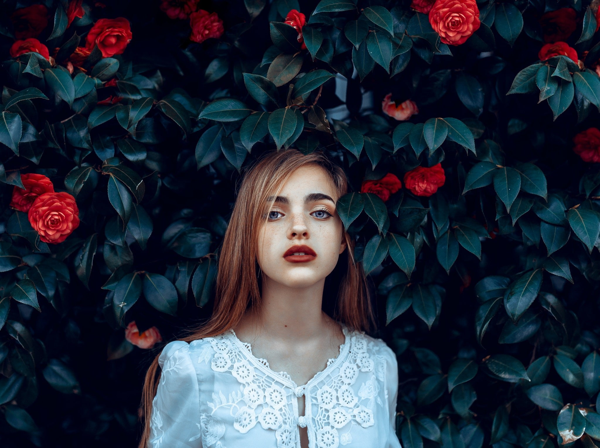 portrait, flowers, rose, 1080P, women, Tiana Licastro, freckles, HD Wallpaper