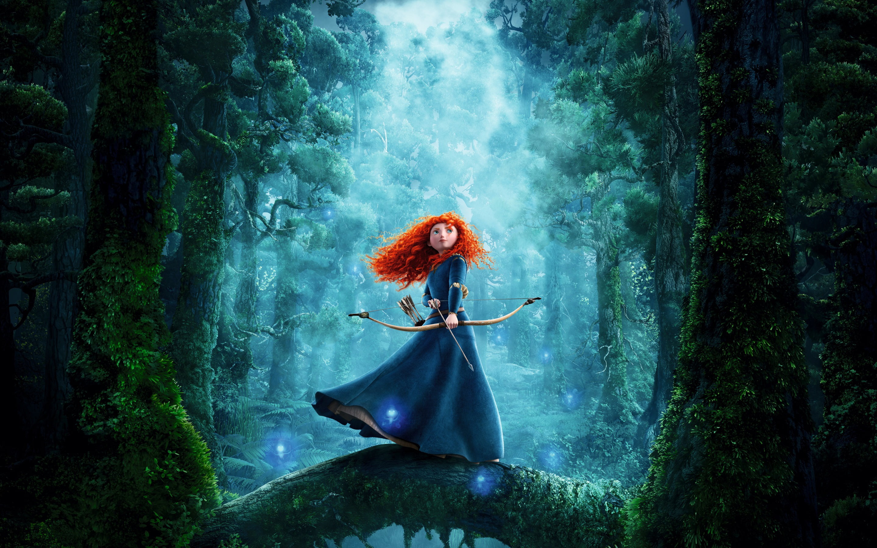 2K, Brave heart, blue dress, bow, Princess, Archer, large trees, fog, fairy forest, moss, Brave, red, Merida, arrows, HD Wallpaper