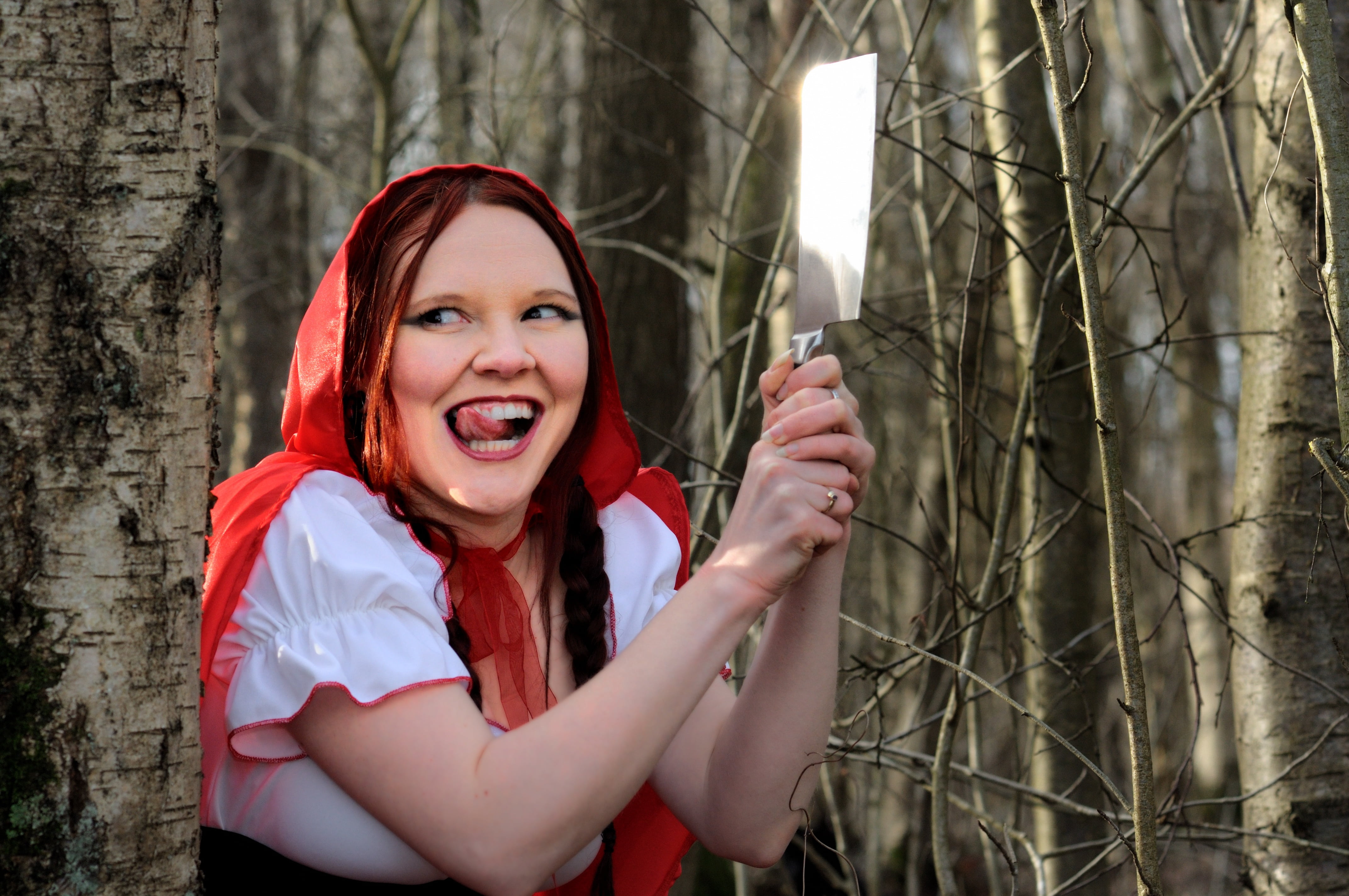 happiness, outdoors, nature, tree, plant, emotion, person, smiling, women, red, tree trunk, filmed by, fairy tales, trunk, crazy, role playing game, brown, HD Wallpaper