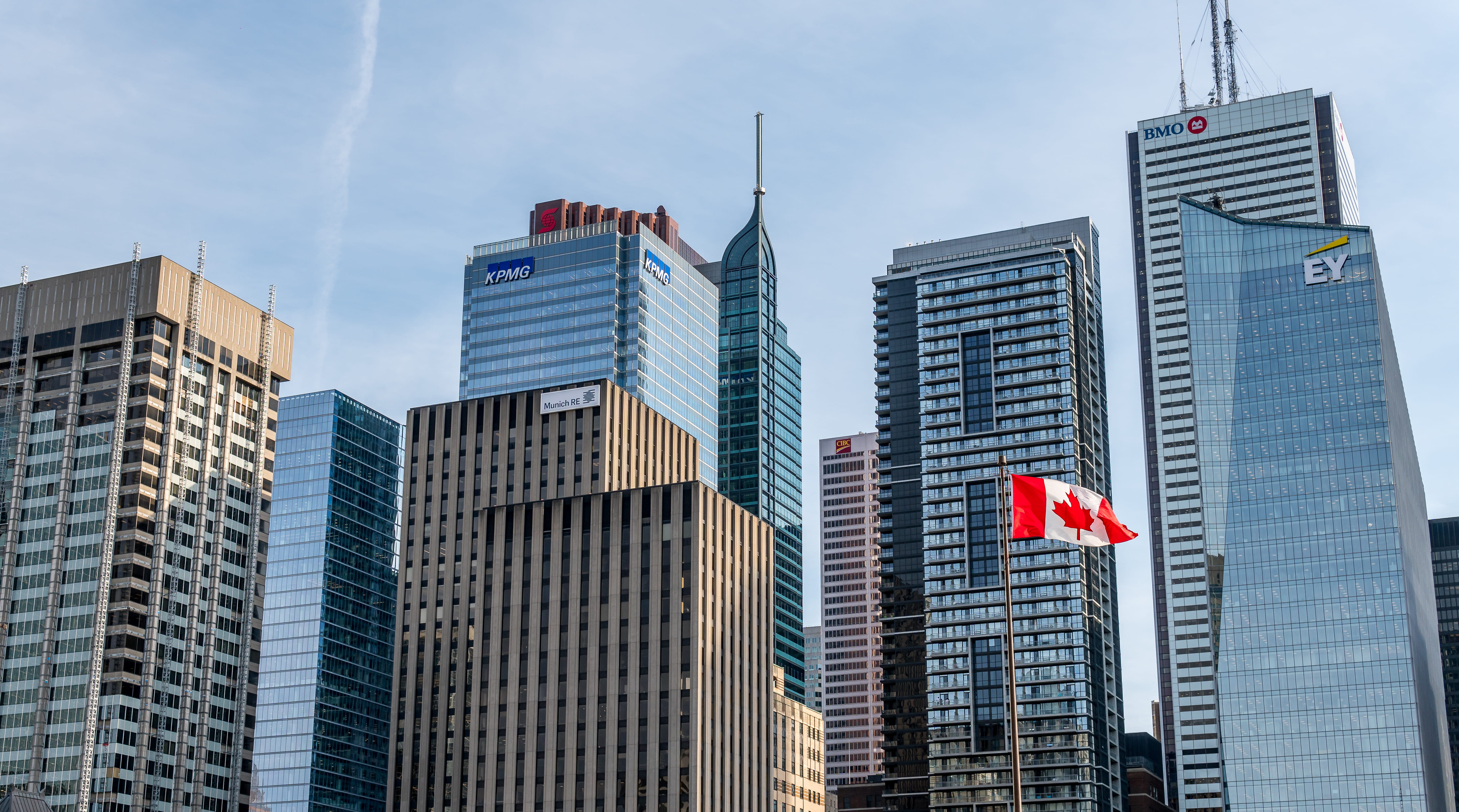 glass, concrete, modern, flag, buildings, sky, nature, toronto, built structure, city, tall - high, independence, skyscraper, architecture, building exterior, HD Wallpaper