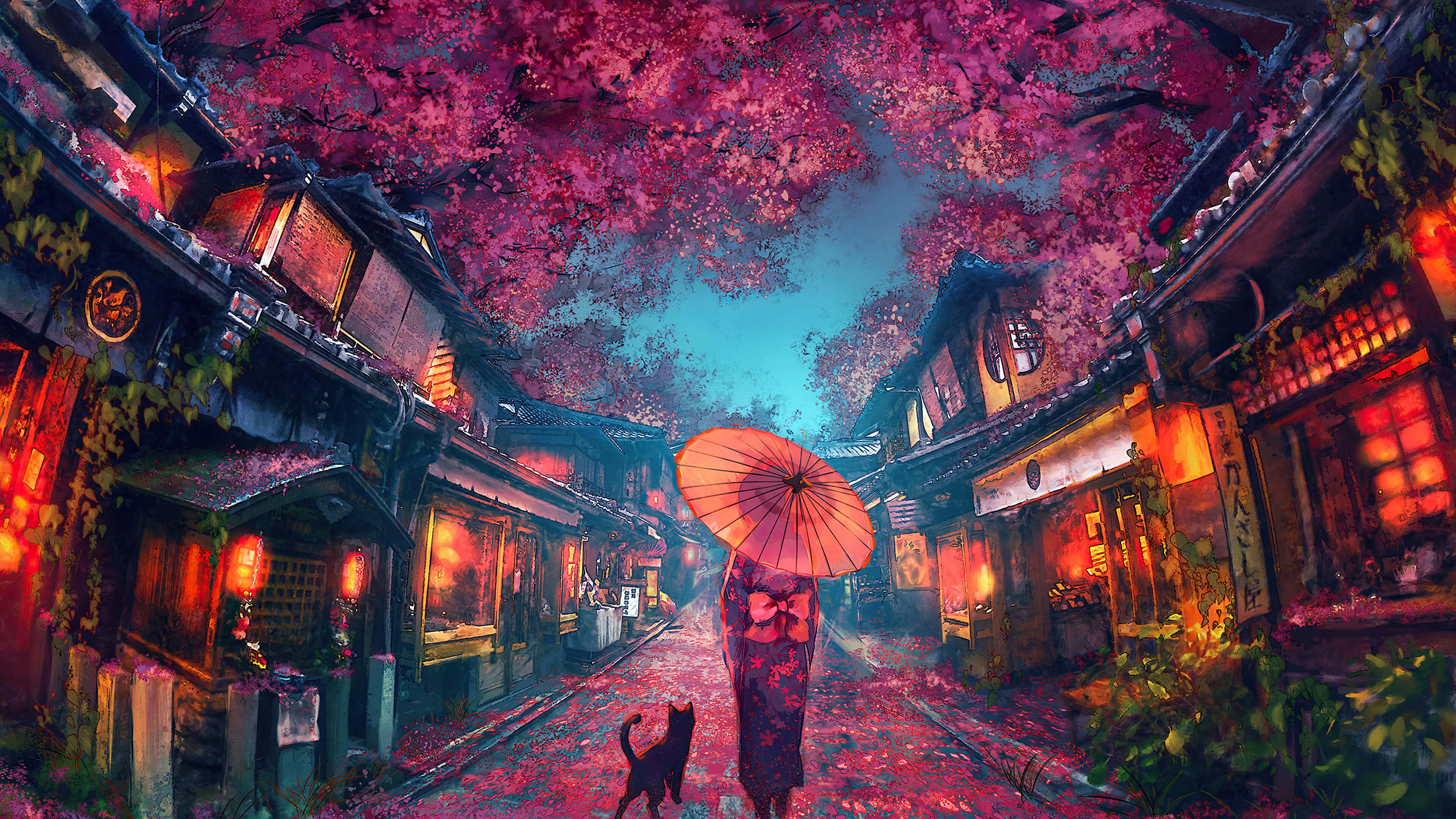 Sakura (Axanael), peacefull, Pixiv, 4K, engine, HD Wallpaper