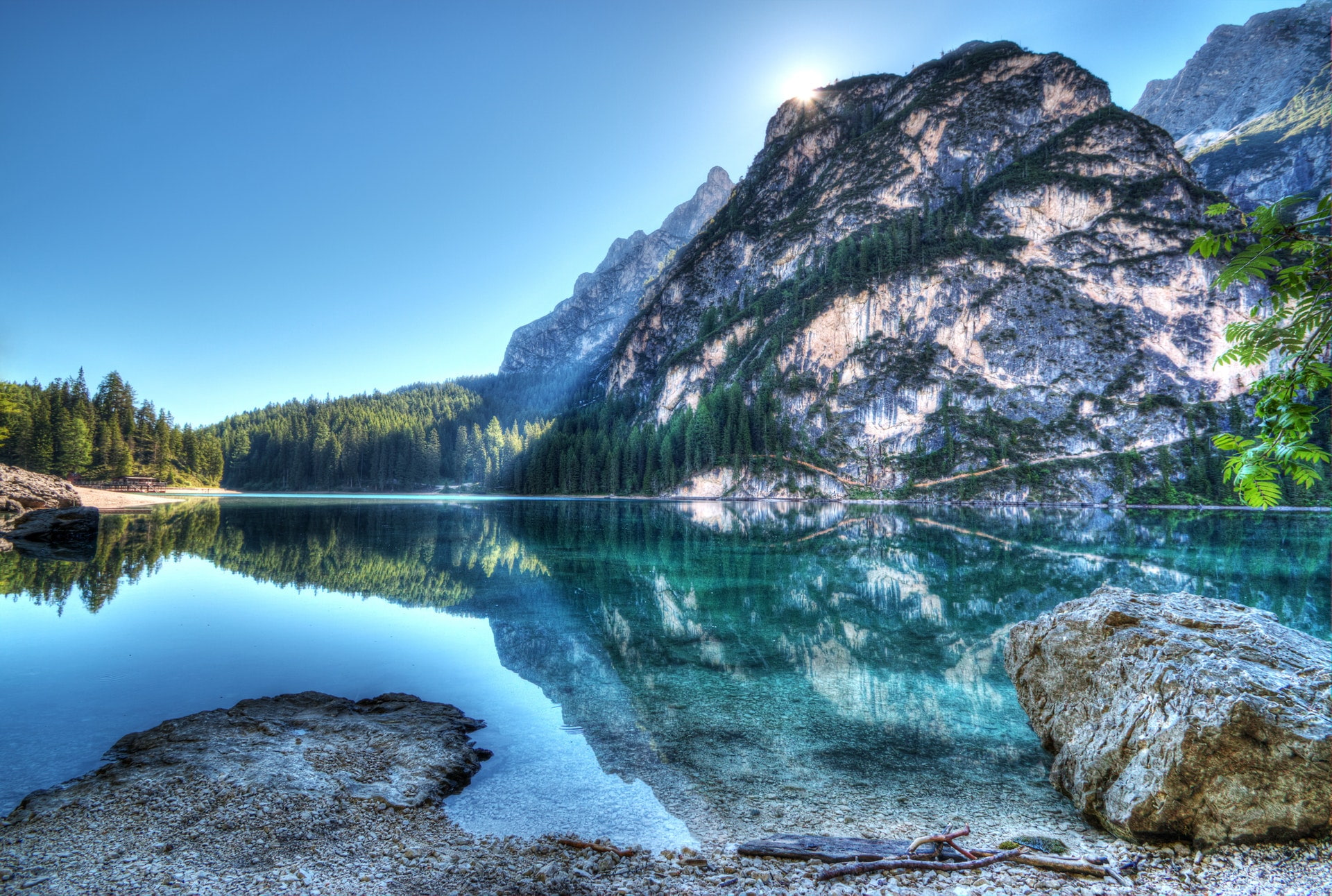 mountains, lights, sky, tree bark, forest, landscape, river, nature, lake, peacefull, water, reflection, clouds, 1080P, HD Wallpaper