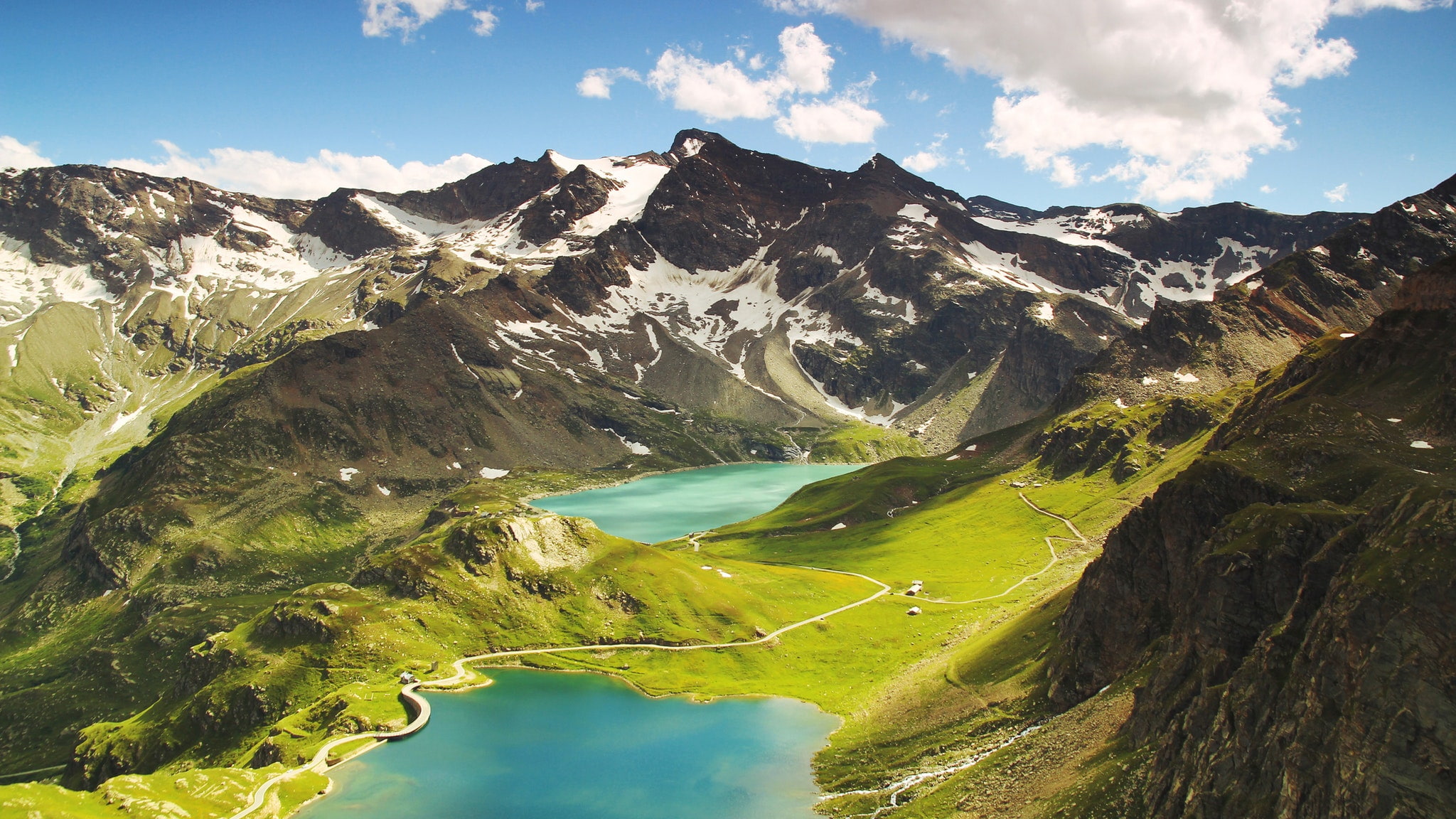 peacefull, landscape, summer, 1080P, nature, lake, sky, Italy, mountains, Sun, green, HD Wallpaper