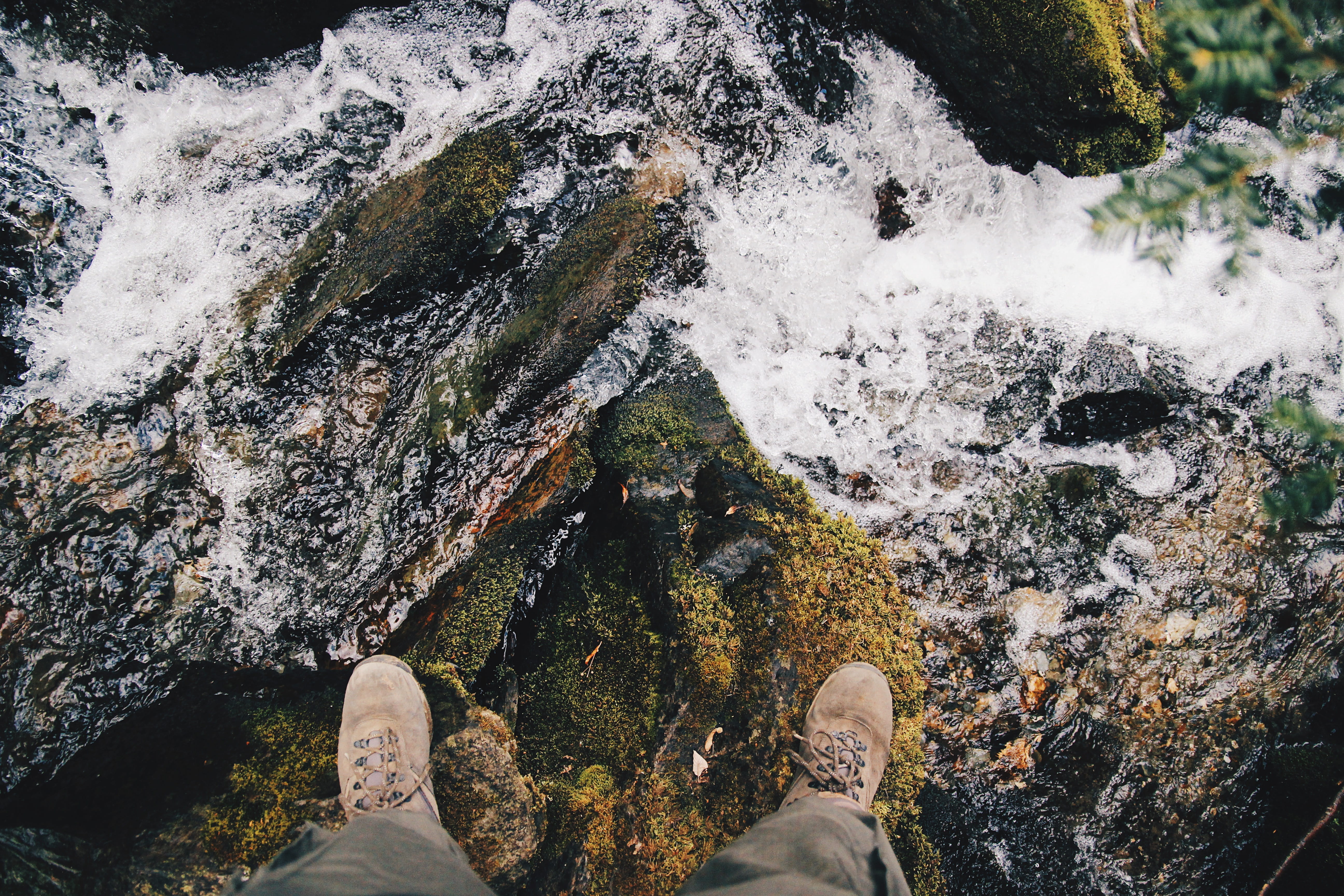 lifestyles, nature, travel, flowing water, moss, human body part, leisure activity, 5K, europe, backpacker, mountain, river, body part, boots, one person, HD Wallpaper