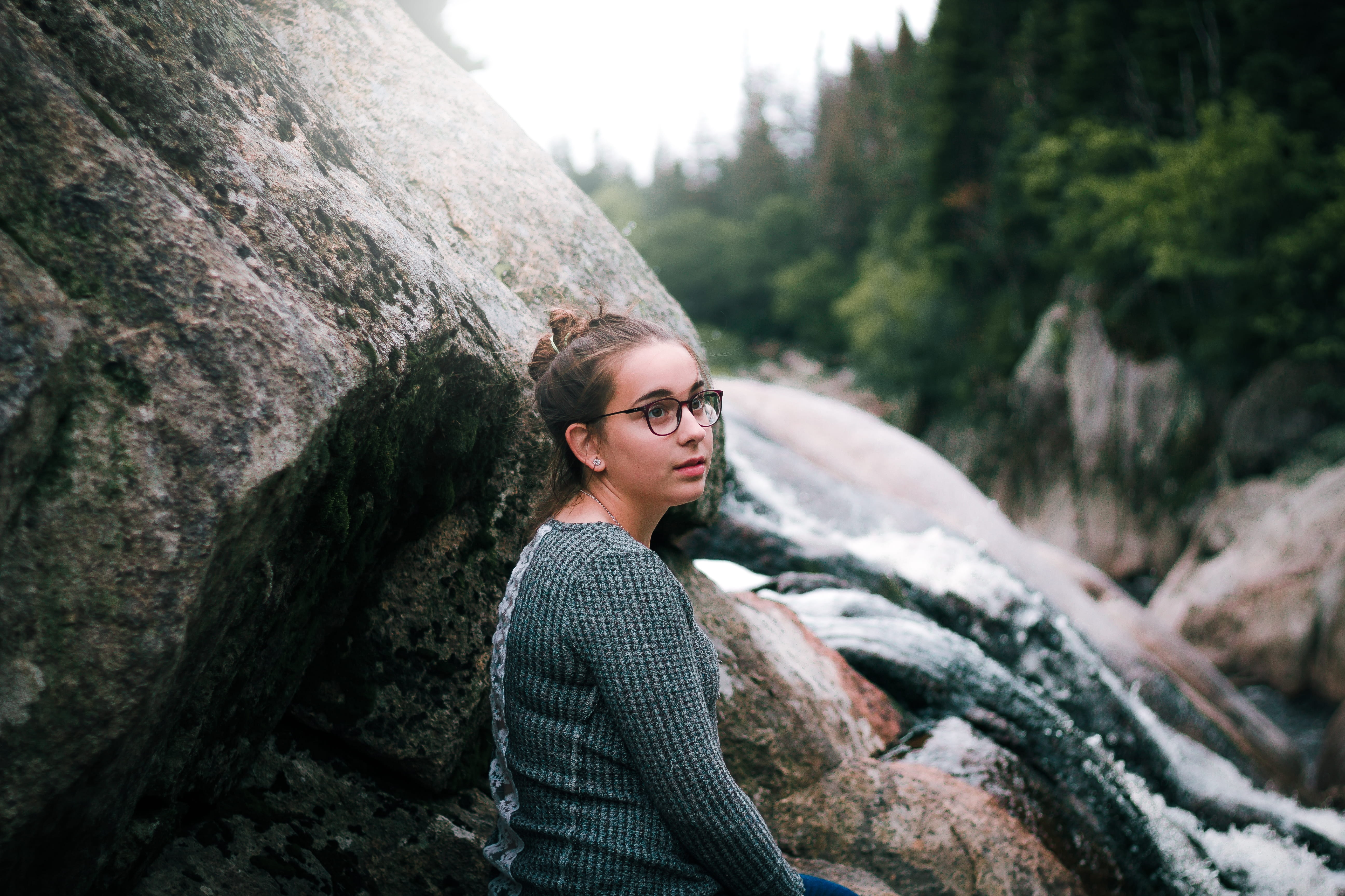 one person, forest, casual clothing, day, looking away, sitting, beautiful woman, young women, solid, 5K, young adult, leisure activity, standing, waterfalls, HD Wallpaper