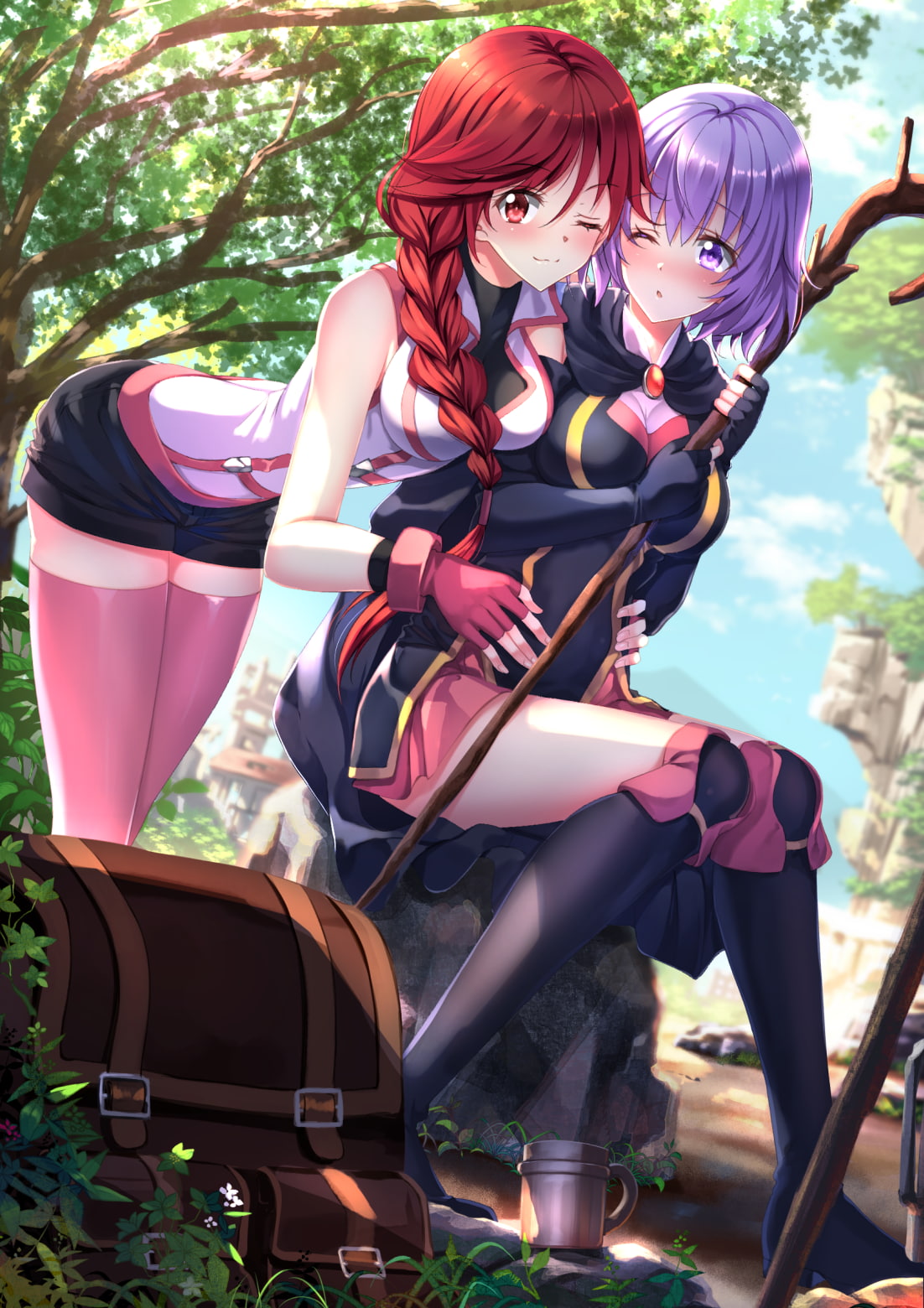 braids, Swordsouls, anime girls, anime, 720P, Hai to Gensou no Grimgar, Shihoru (Hai to Gensou no Grimgar), thigh-highs, staff, Yume (character), Phone HD Wallpaper