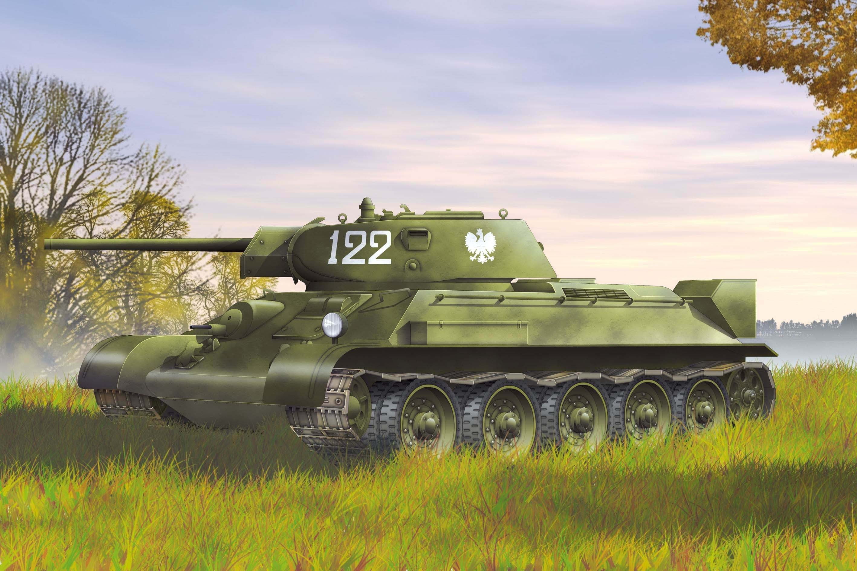 grass, the crew, plant, green, nature, sample, battle, day, T-34-76, green color, 2K, WW2., tree, armored tank, Polish, field, mode of transportation, HD Wallpaper
