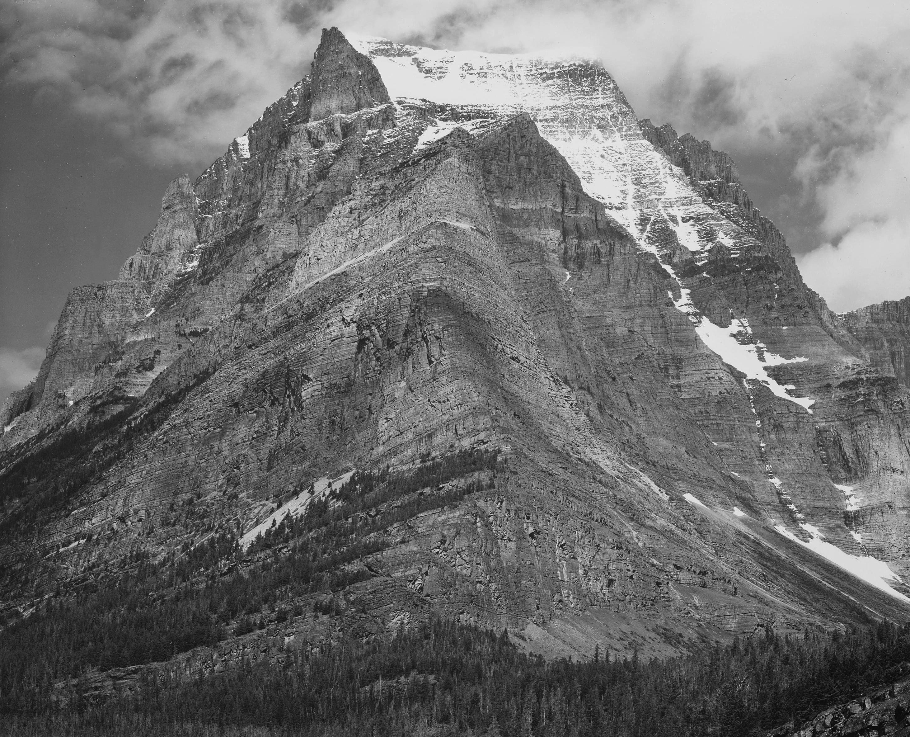 cloud - sky, day, rock - object, clouds, trees, black and white, snow, 2K, beauty in nature, montana, mountain range, rocky mountains, 1942, nature, woods, HD Wallpaper