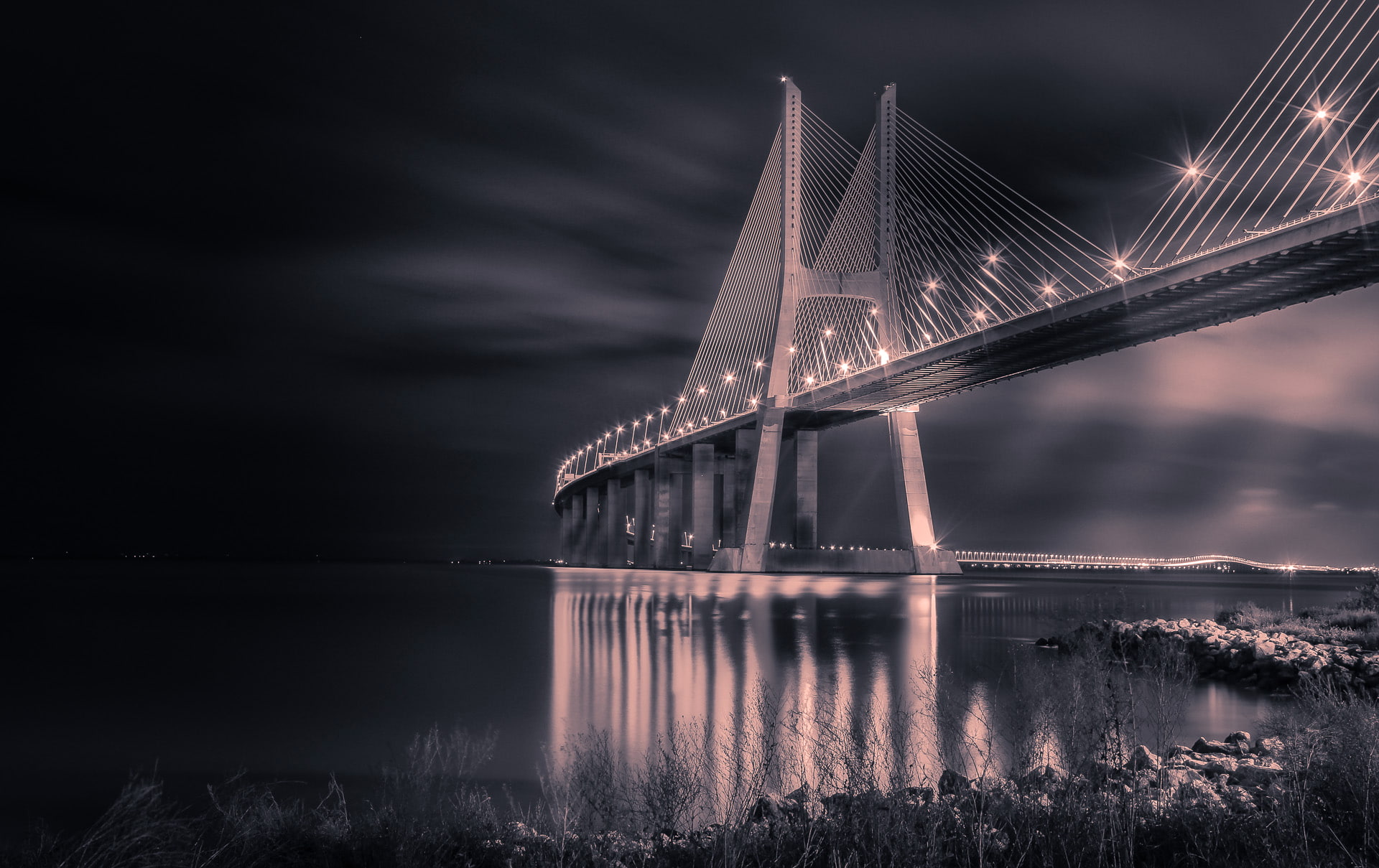 support, Portugal, bridge, lights, night, 1080P, HD Wallpaper