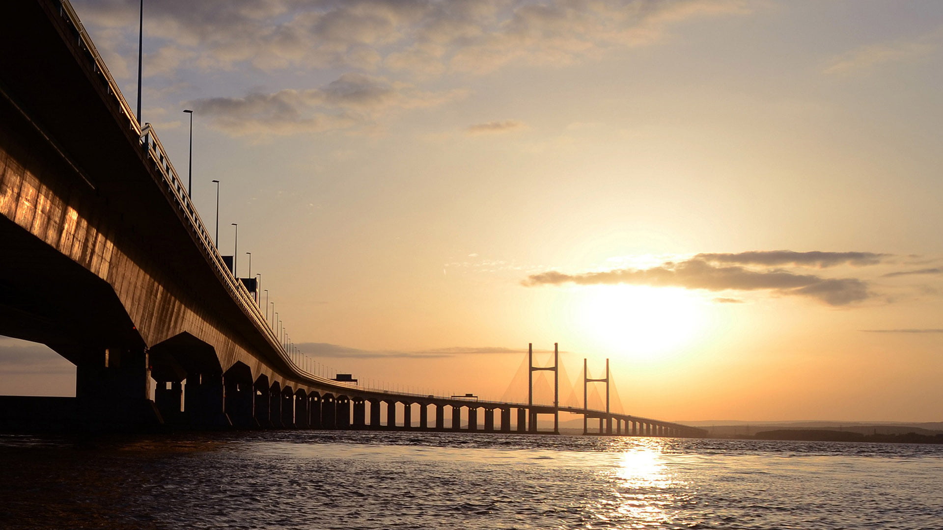 evening, light, sun, coastline, water, bridge - man made structure, scene, orange color, beauty in nature, sea, tourism, scenics - nature, 1080P, support, HD Wallpaper