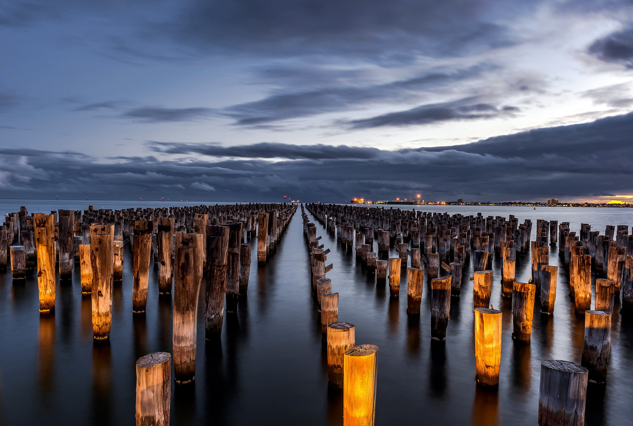 the city, scenics - nature, stands, nature, post, no people, in a row, wooden, lights, light, water, brown, the sky, wood - material, sea, pier, away, wooden post, HD Wallpaper