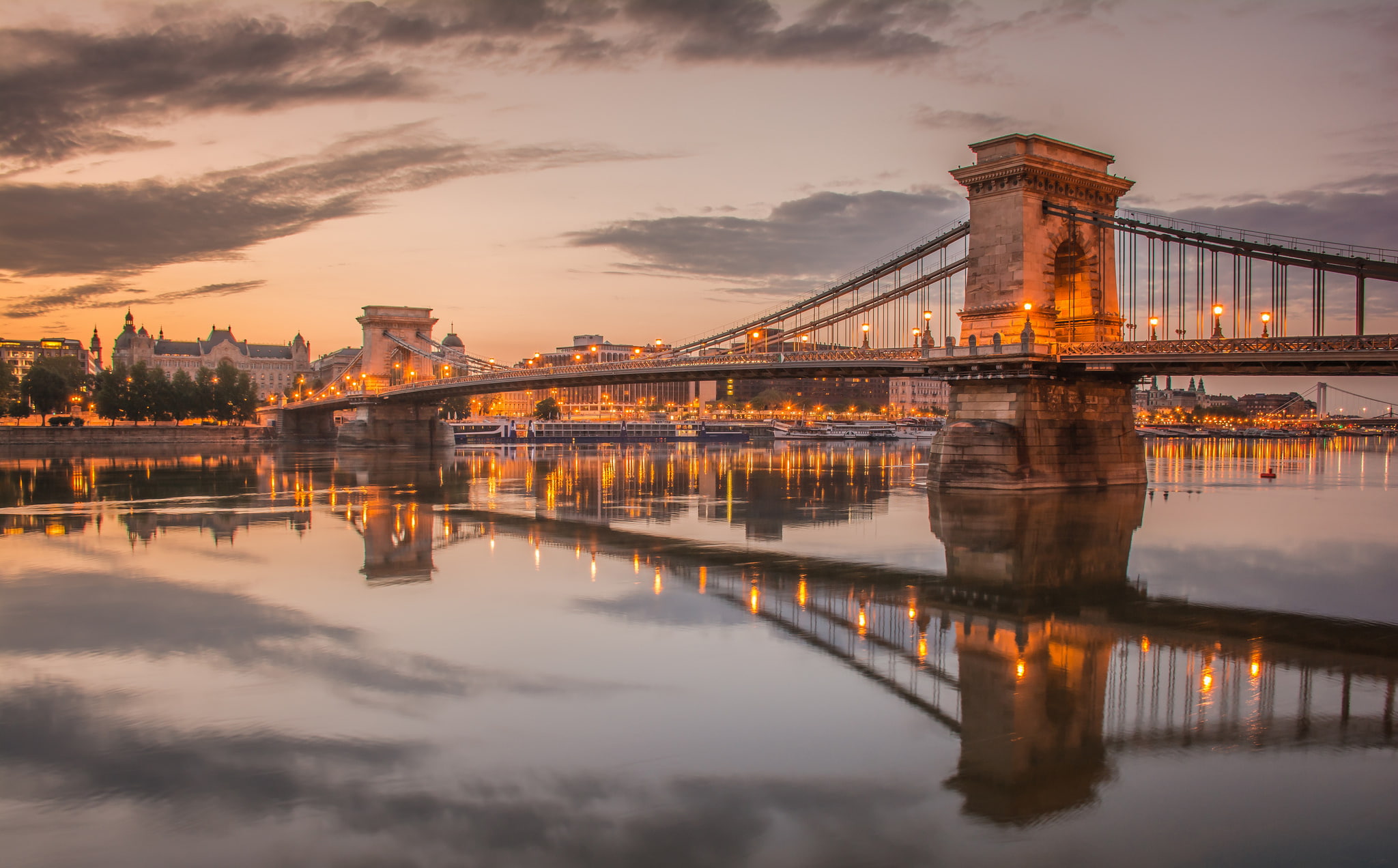 1080P, river, lights, the evening, the sky, Hungary, support, clouds, chain bridge, Budapest, The Danube, HD Wallpaper