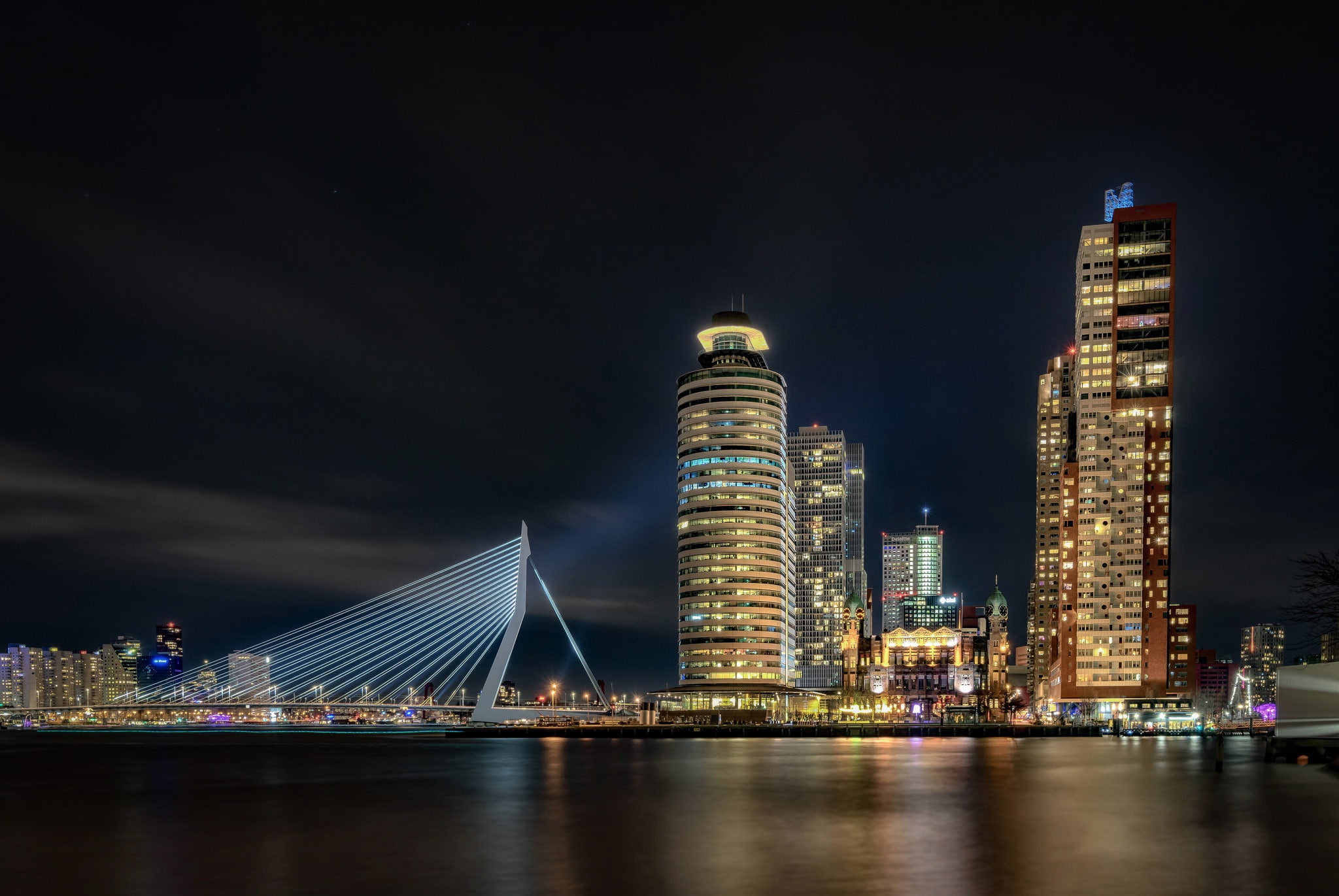home, support, bridge, lights, night, Netherlands, Rotterdam, 1080P, HD Wallpaper