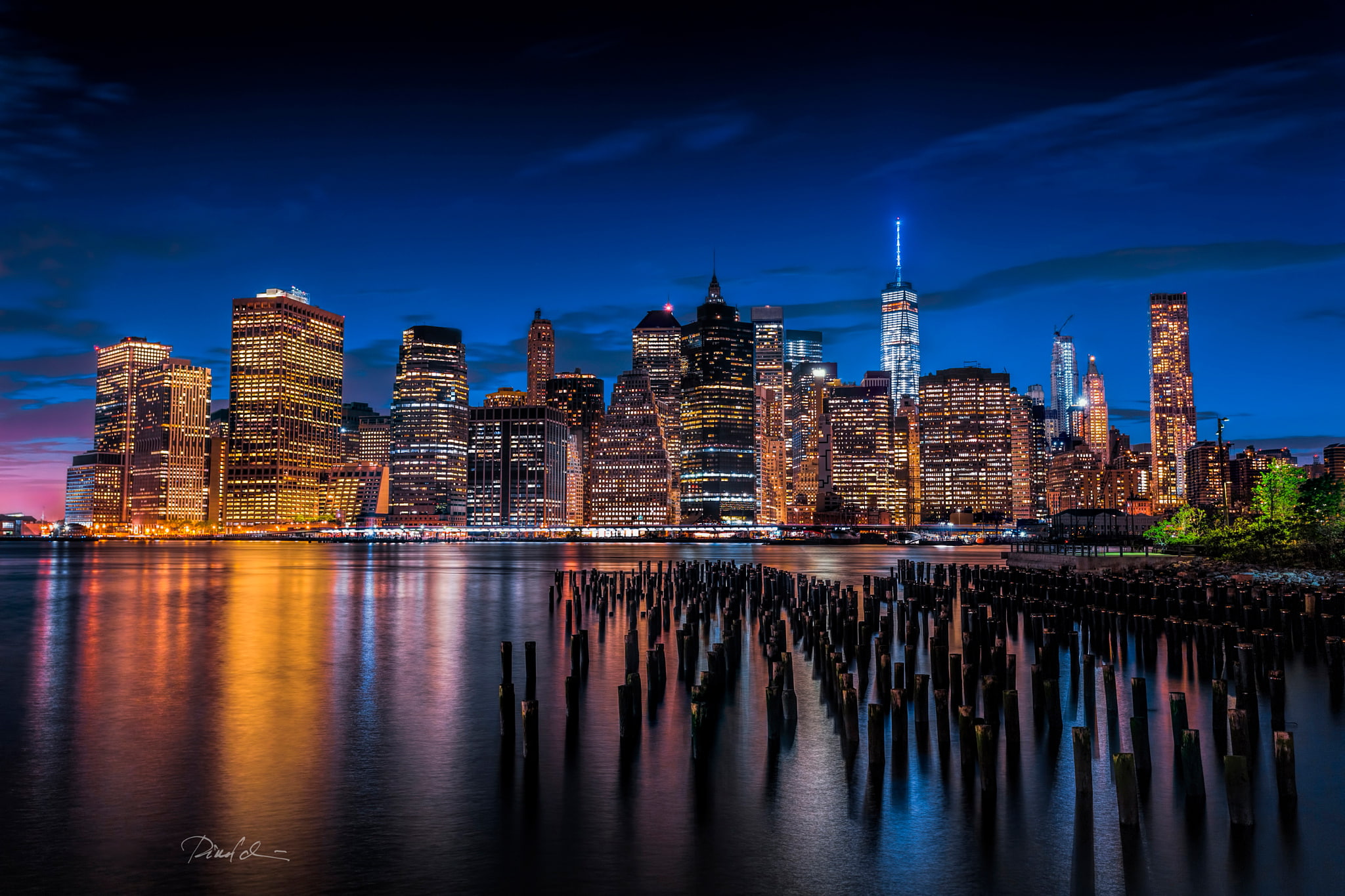 river, the city, New York, East River, Lower Manhattan, the evening, USA, building, 1080P, support, lights, skyscrapers, HD Wallpaper