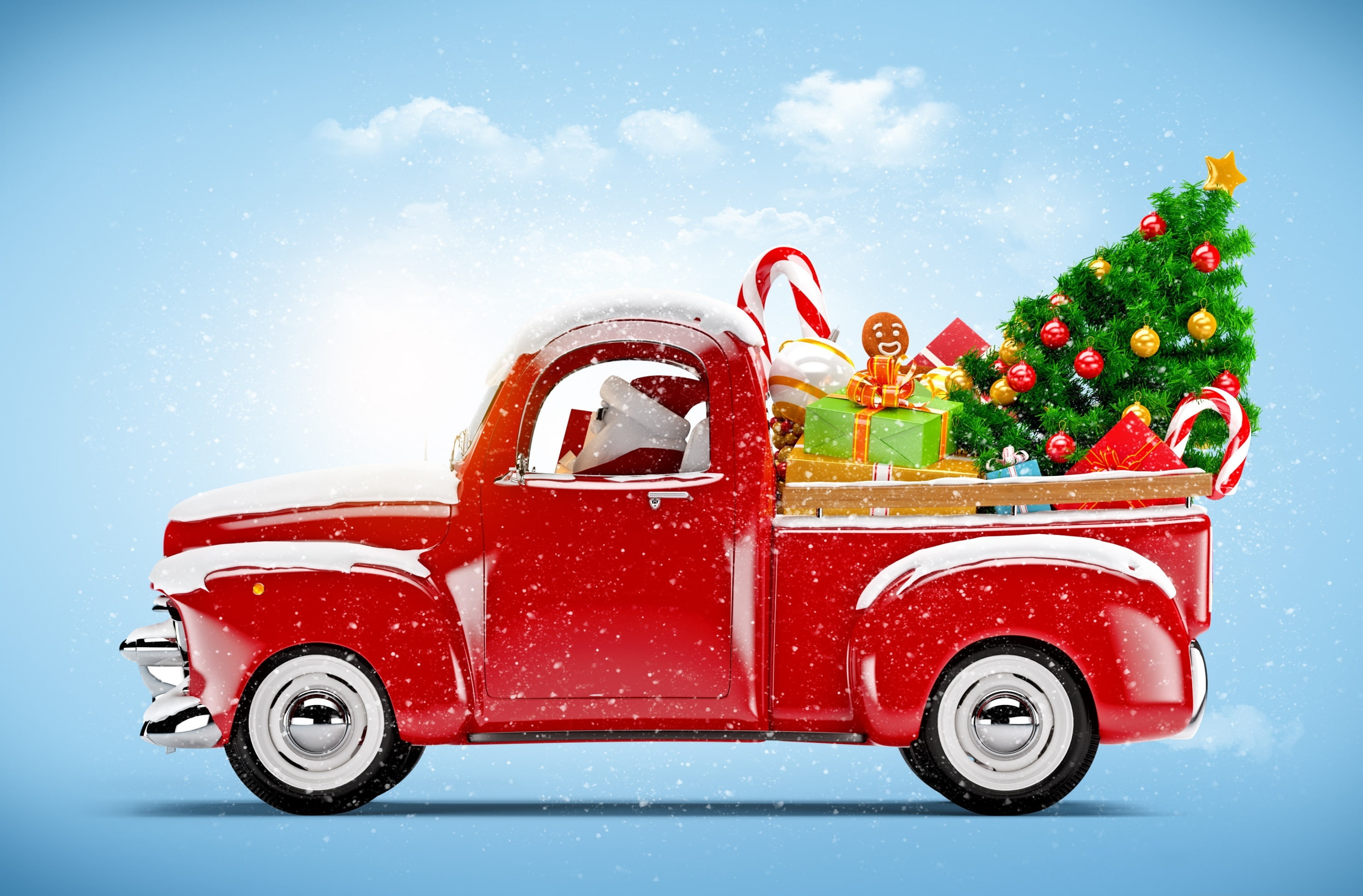 town, colored background, 2K, sky, Celebrate, santa, Holiday, santa claus, Christmas, transportation, car, decoration, land vehicle, blue, celebration, HD Wallpaper