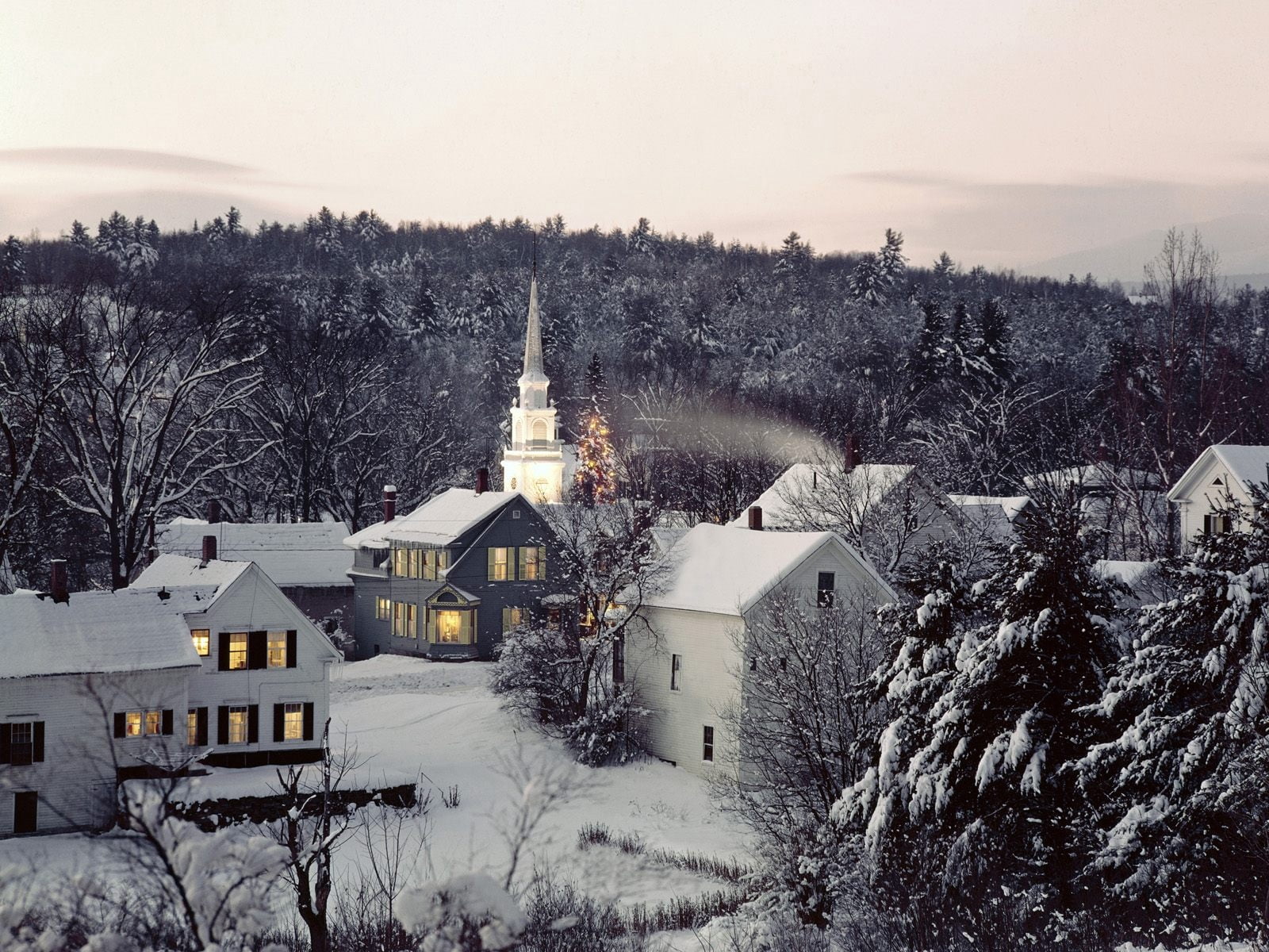 landscape, forest, frost, village, snow, new england, old, concrete, church, ice, outdoors, town, plant, nature, sky, roof, religion, place of worship, HD Wallpaper