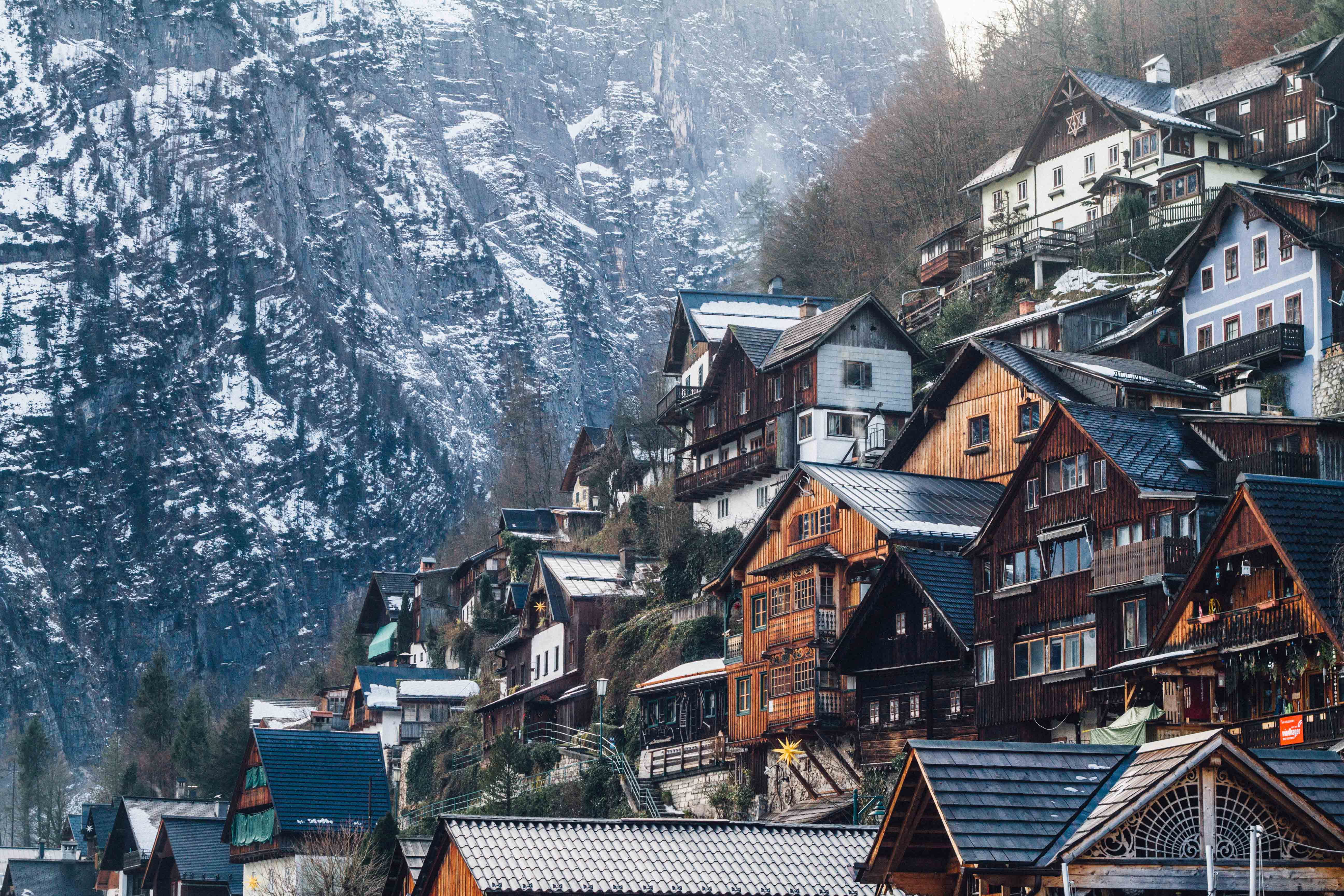 day, 5K, house, frozen, beauty in nature, tree, built structure, cliffside, snowcapped mountain, plant, cold, snow, assorted, ice, frost, landscape, high angle view, HD Wallpaper