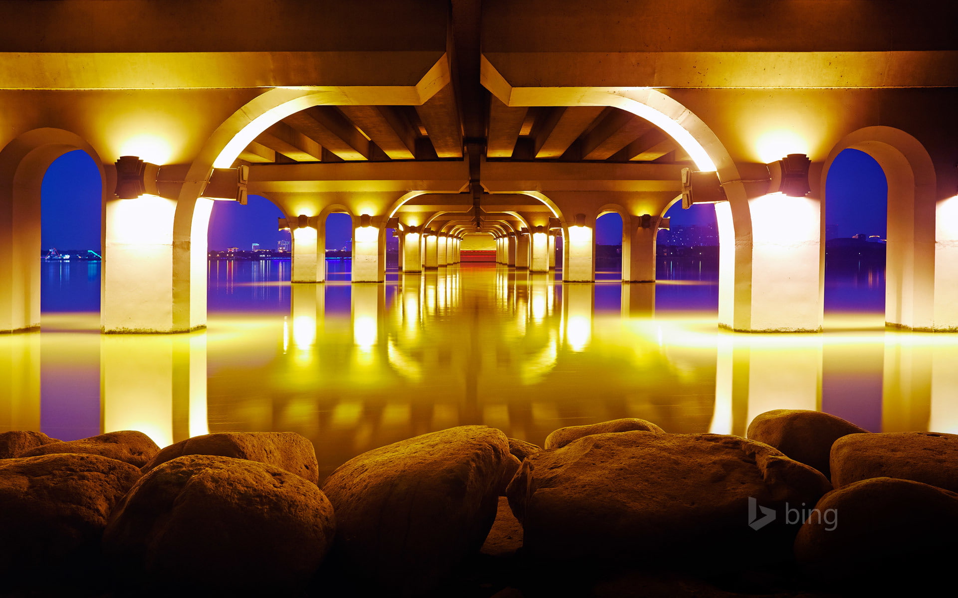 river, lights, 1080P, night, support, Wuxi, China, the Lihu bridge, HD Wallpaper