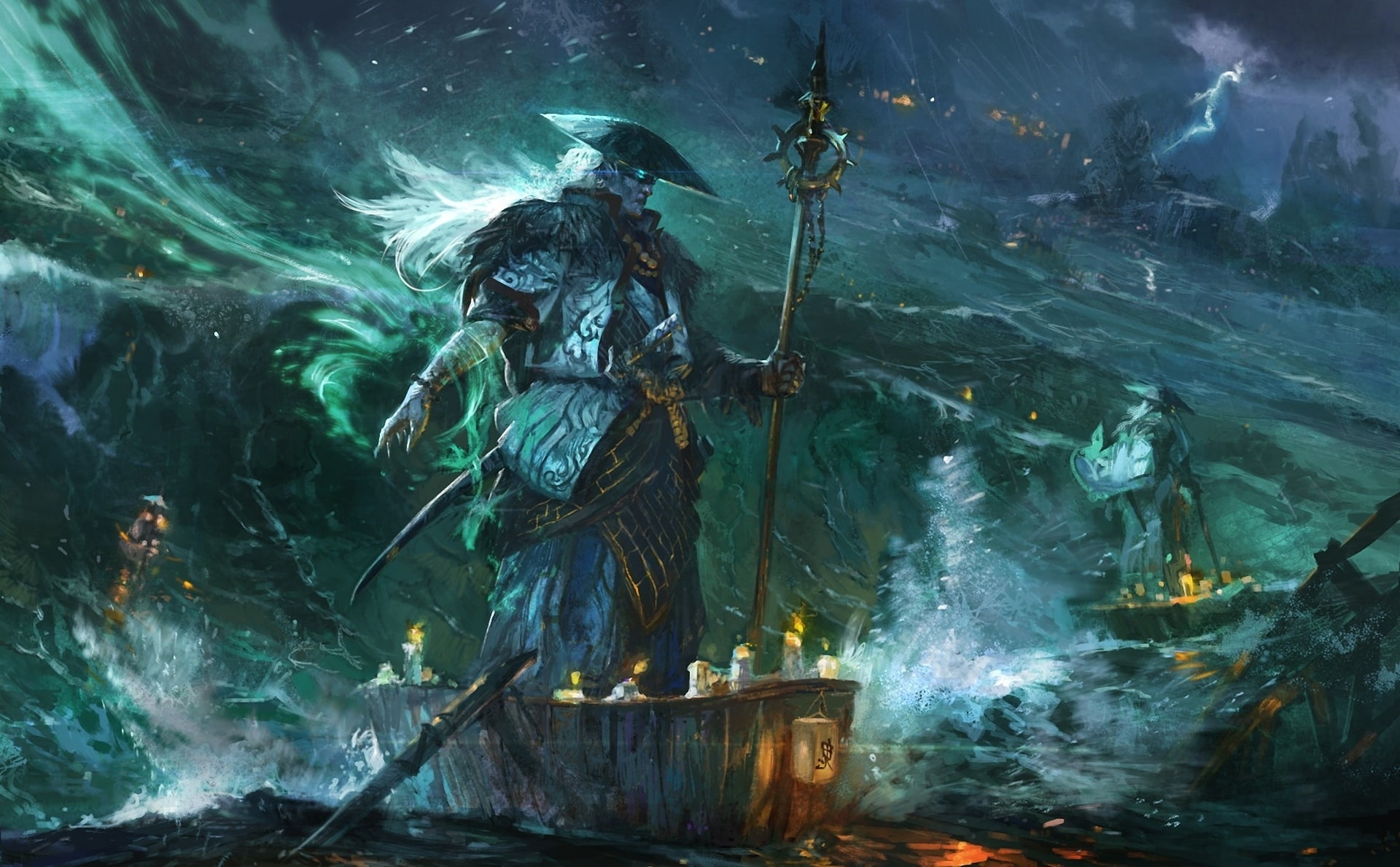 boat, fantasy, hat, 1080P, Spirit, sea, art, Lightning, stick, Spark, storm, HD Wallpaper