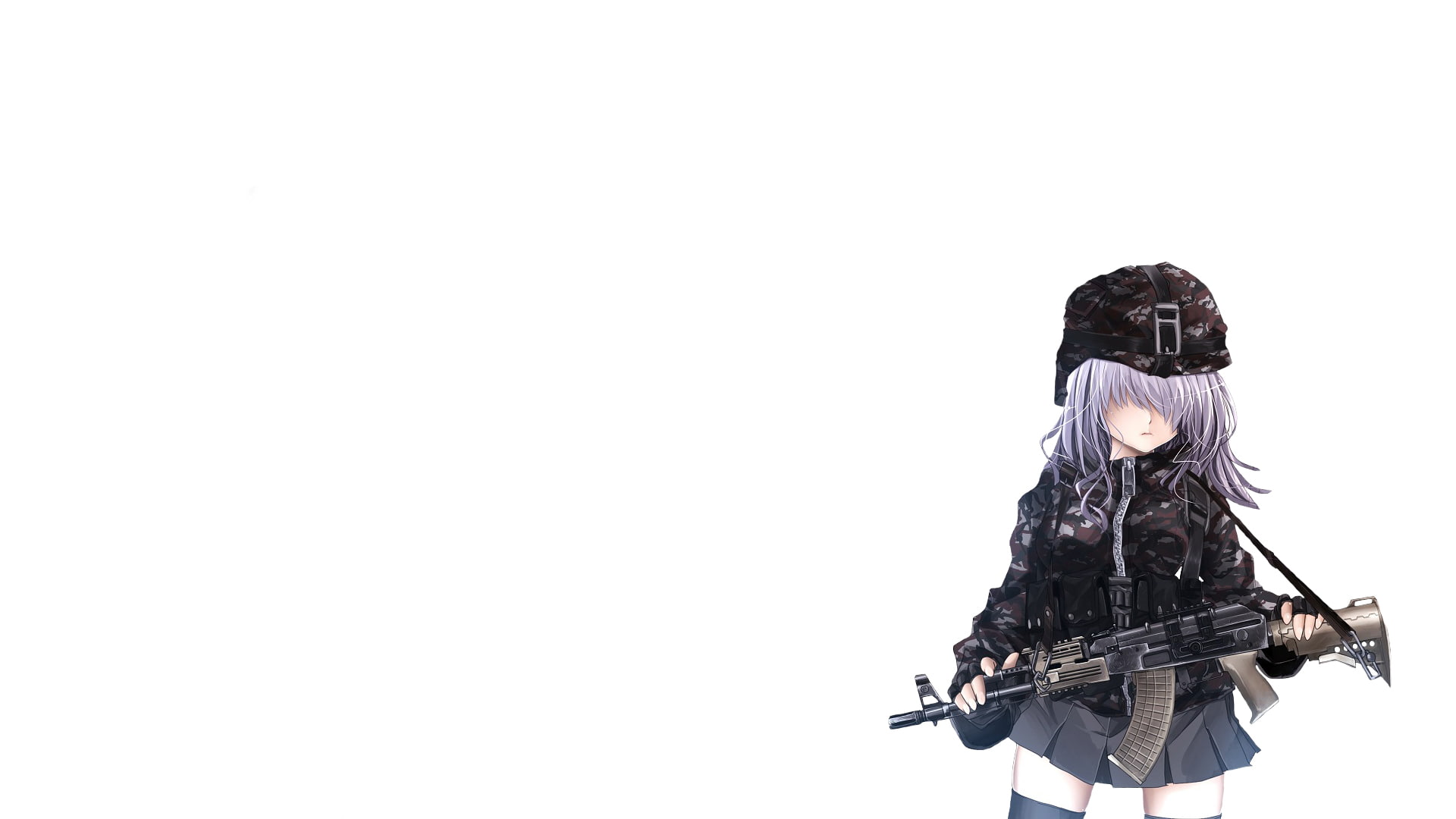 holding, rifle, 1080P, anime, character, white, hd, cartoon/comic, haired, purple, female, HD Wallpaper